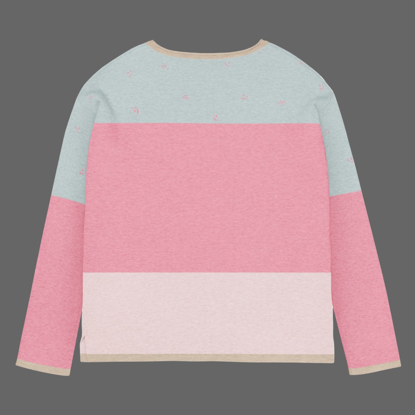 Color-blocked sweater with pink and light blue sections on a white background