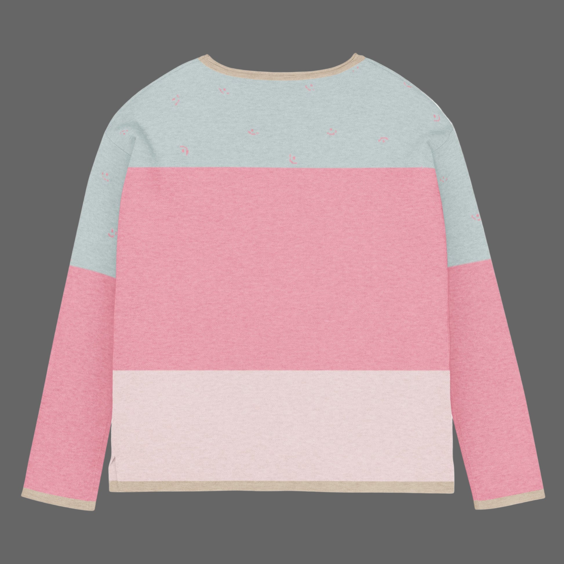 Color-blocked sweater with pink and light blue sections on a white background