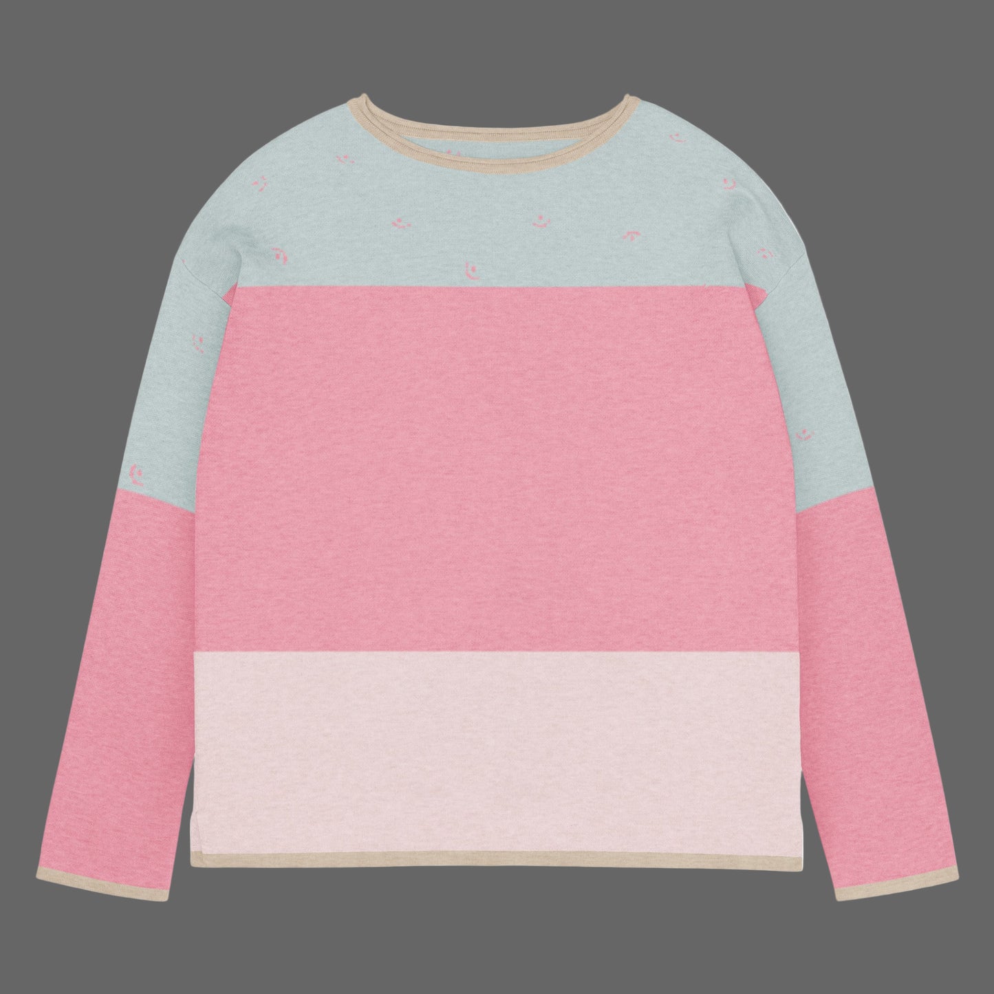 Color-blocked sweater with pink and light blue sections on a white background