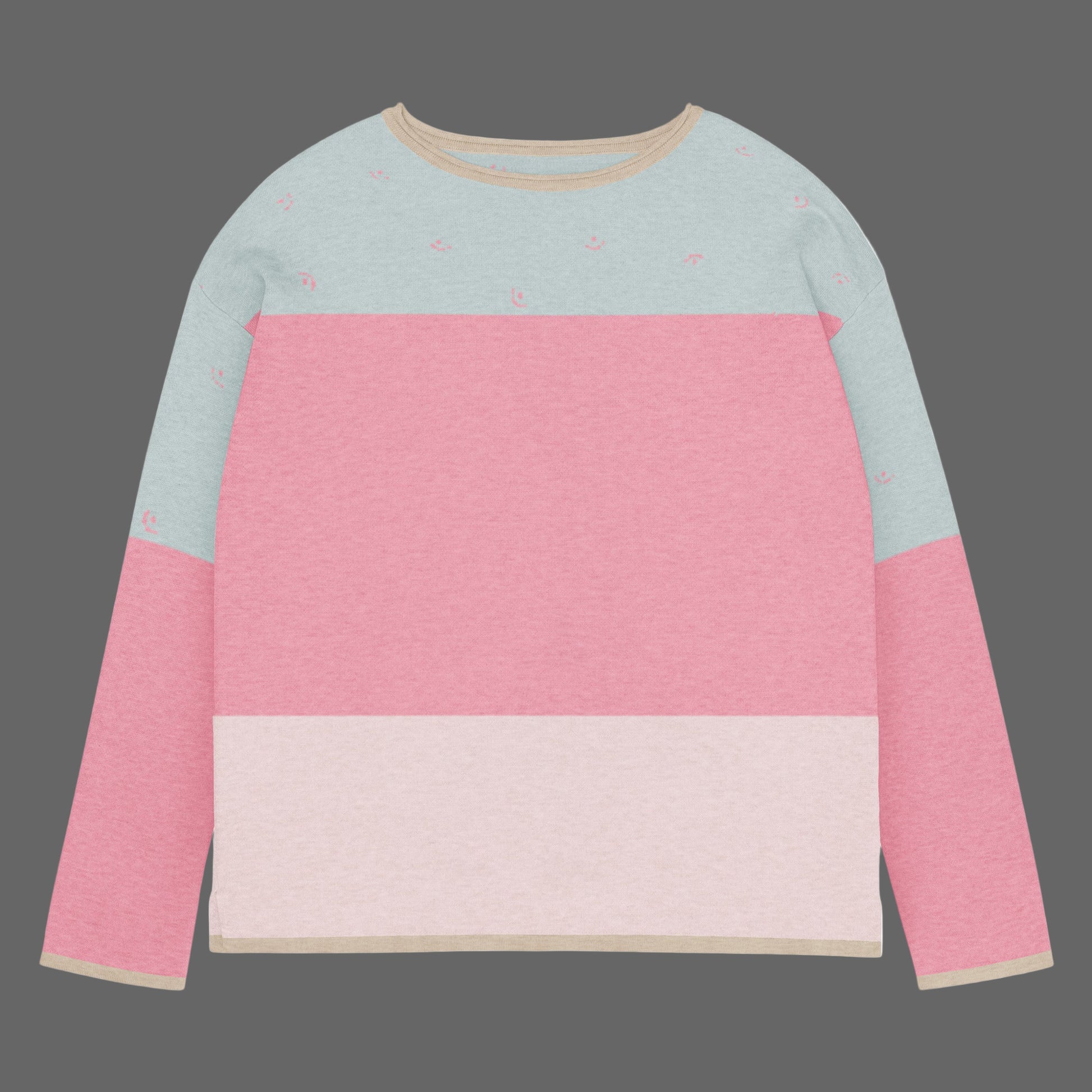Color-blocked sweater with pink and light blue sections on a white background