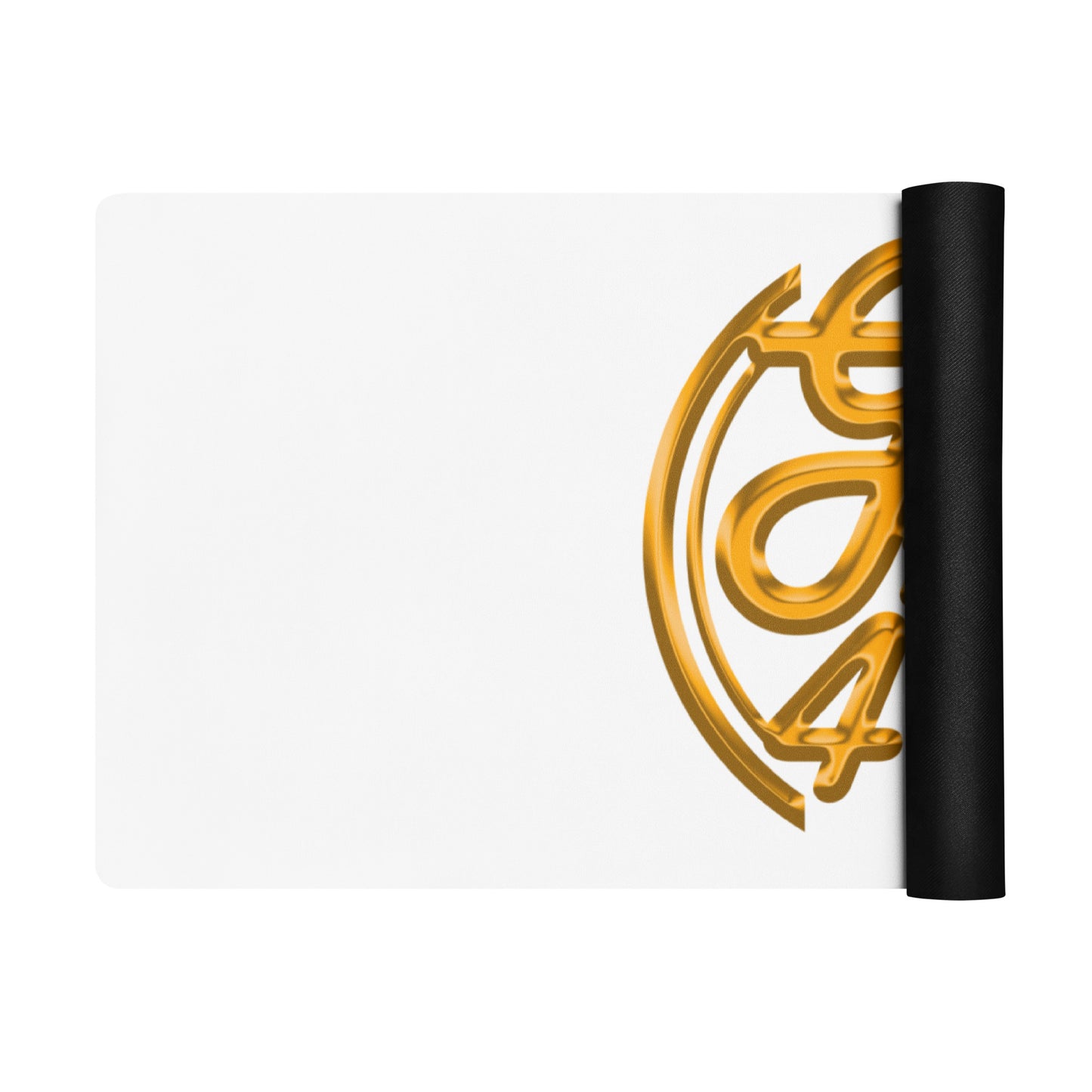 Gold number '4' with a black cylindrical object on a white background