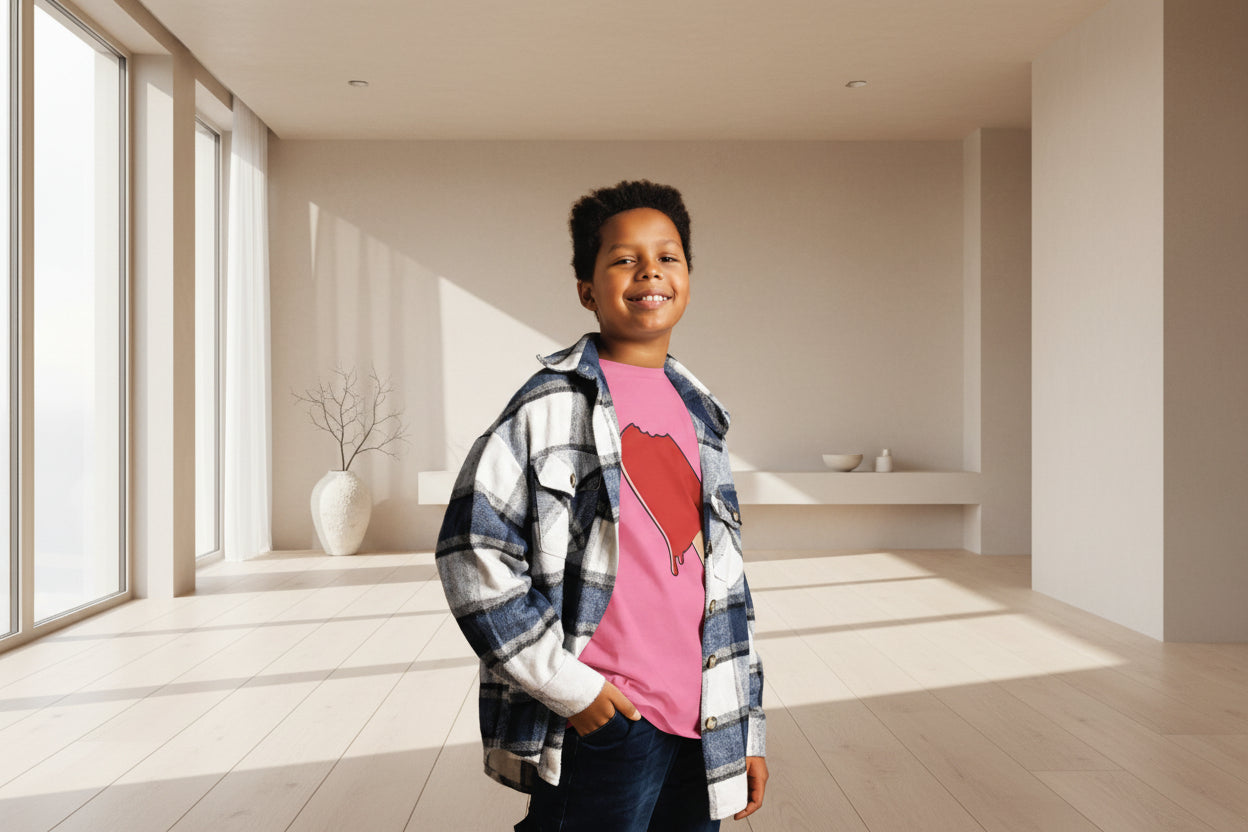 Child wearing a plaid shirt over a pink t-shirt with a red heart design on a striped background