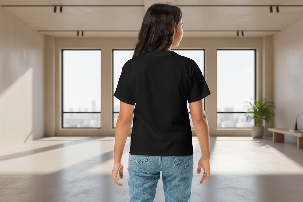 Person wearing a black t-shirt and blue jeans on a white background
