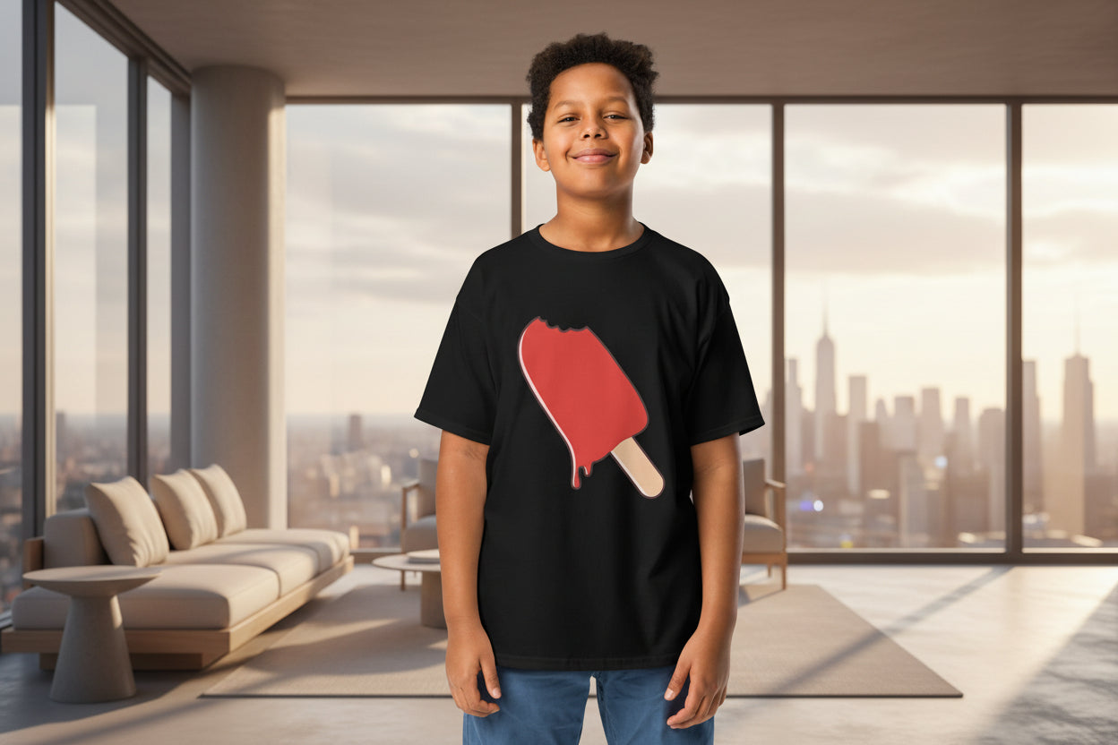 Child wearing a black t-shirt with a red ice cream scoop design on a white background