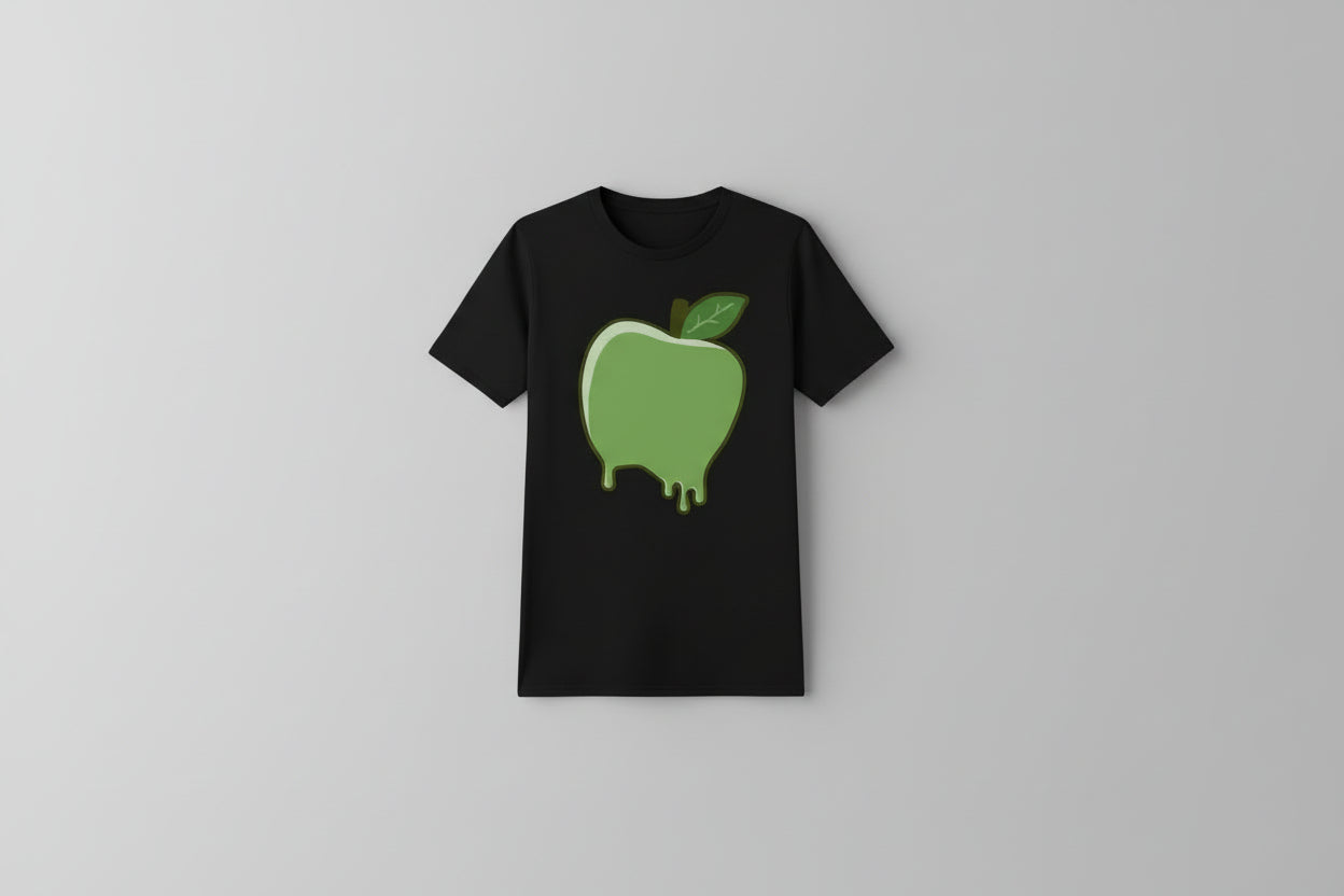  a black t-shirt with a green apple graphic on a grey background
