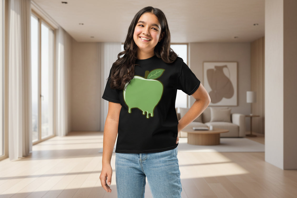 Person wearing a black t-shirt with a green apple graphic on a white background