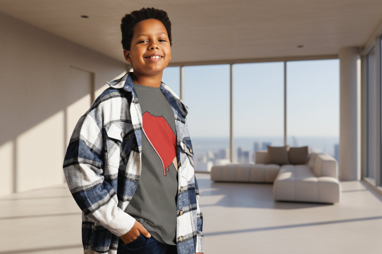 Child wearing a plaid shirt over a gray t-shirt with a red heart design on a striped background