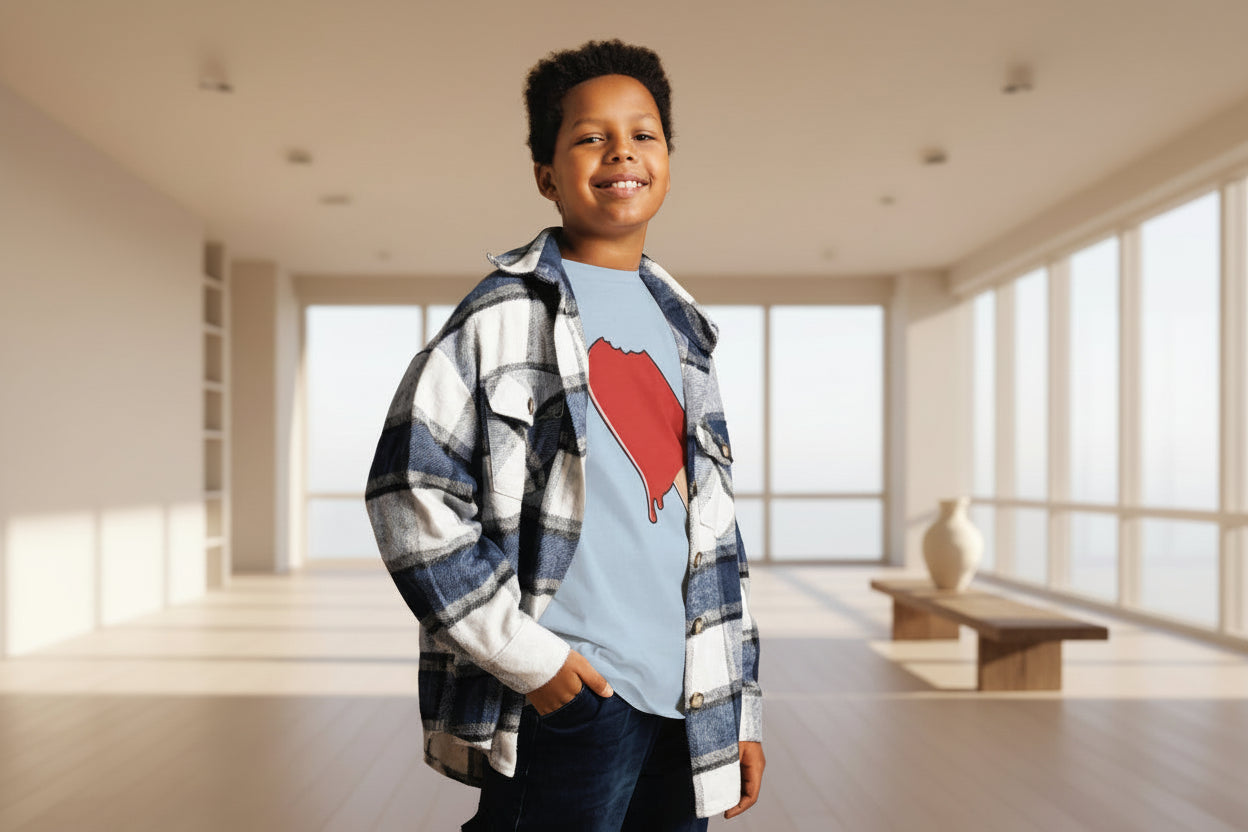 Child wearing a plaid shirt over a graphic t-shirt with a red heart design on a striped background
