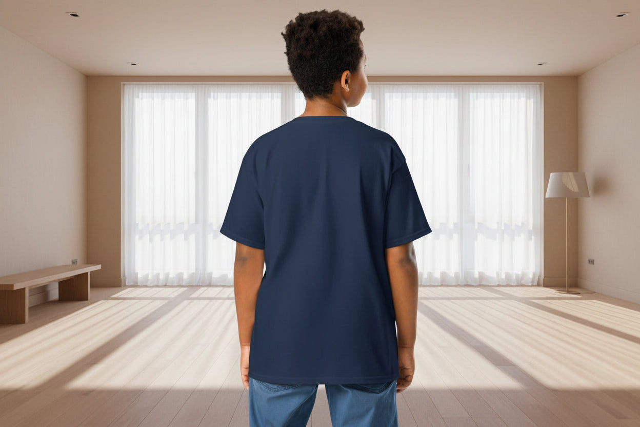 Person wearing a navy blue t-shirt and pants on a white background