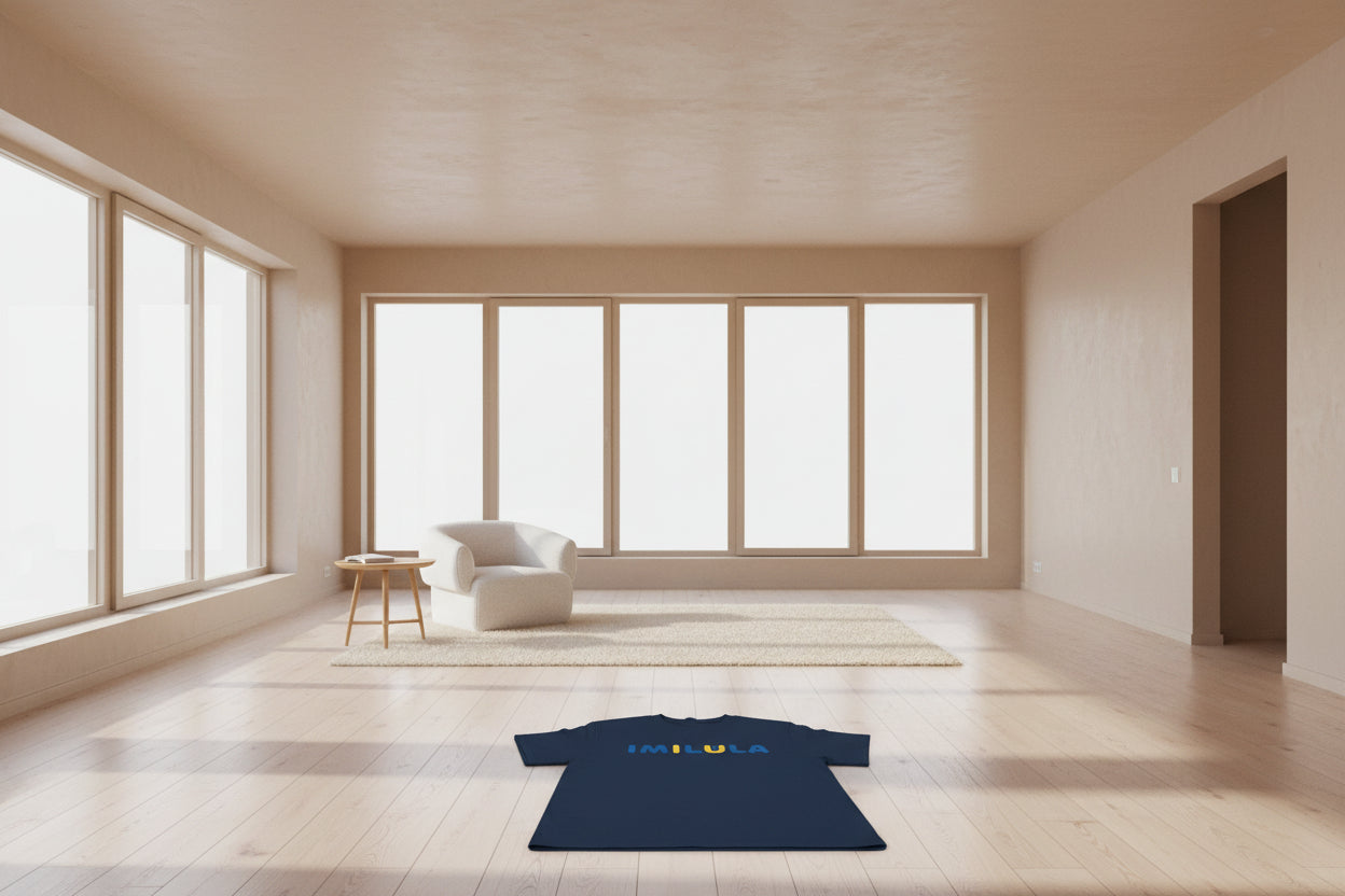  A navy blue t-shirt with 'IMILULA' printed on the back against a white floor