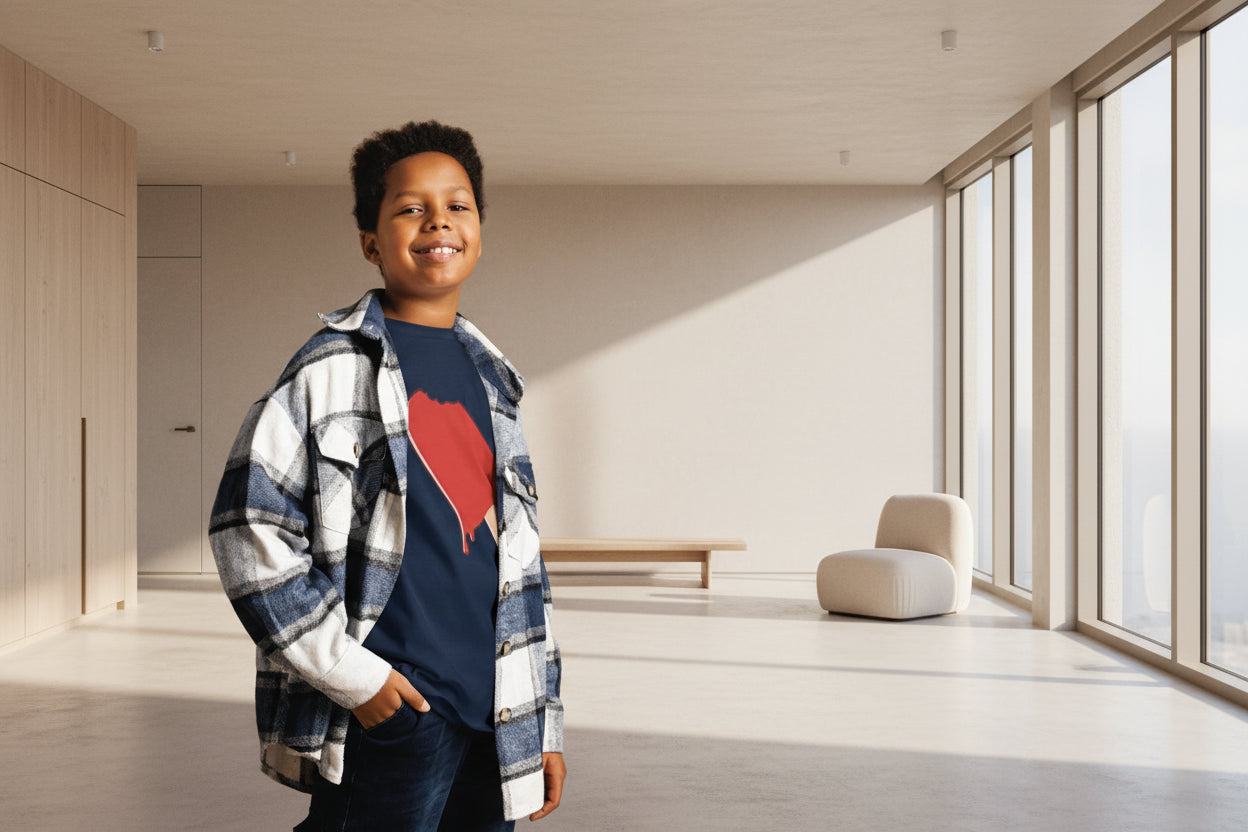 Child wearing a plaid shirt over a navy t-shirt with a red heart design against a striped background