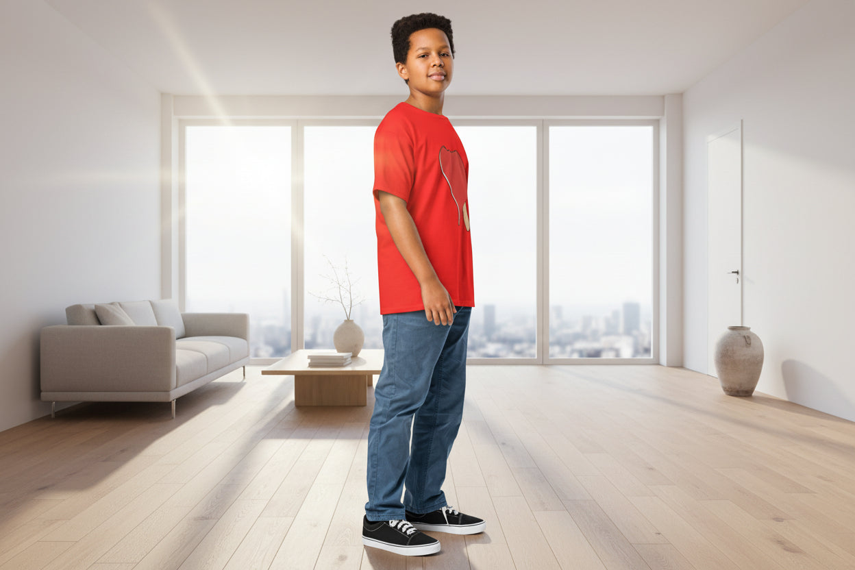 Child wearing a red shirt with a heart design and blue jeans on a white background