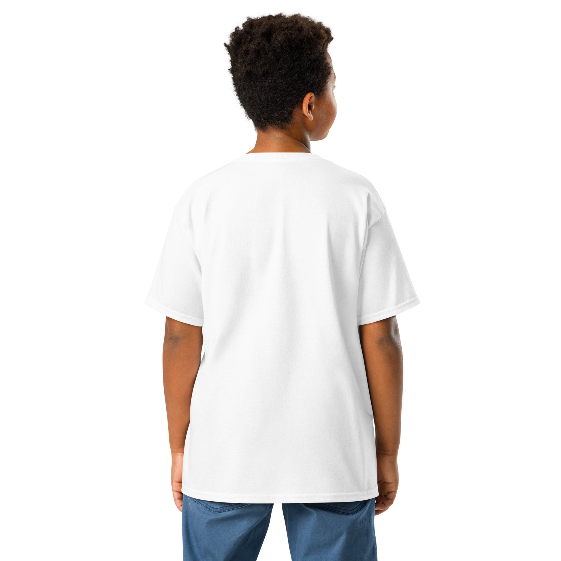 Person wearing a plain white t-shirt on a white background