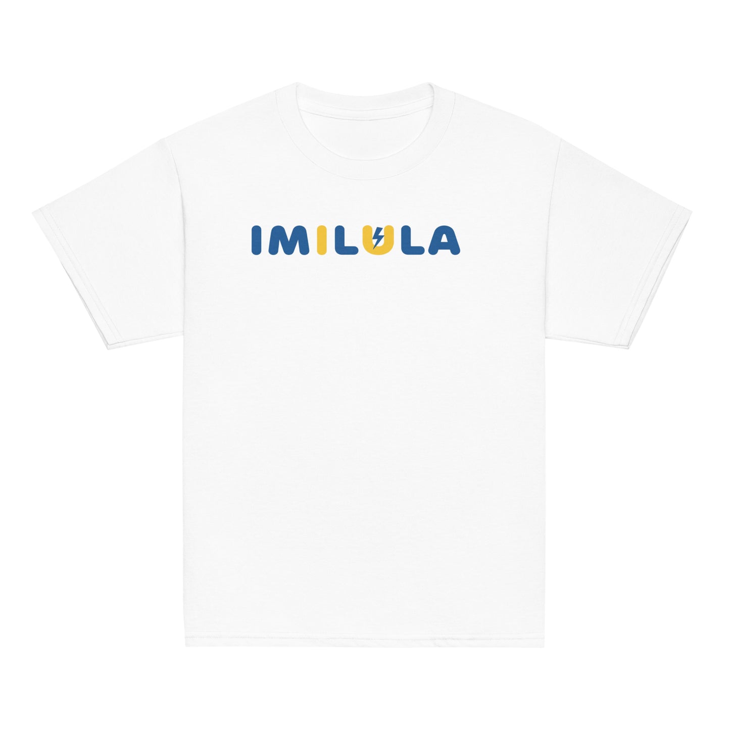 White t-shirt with 'IMILULA' text on a white background