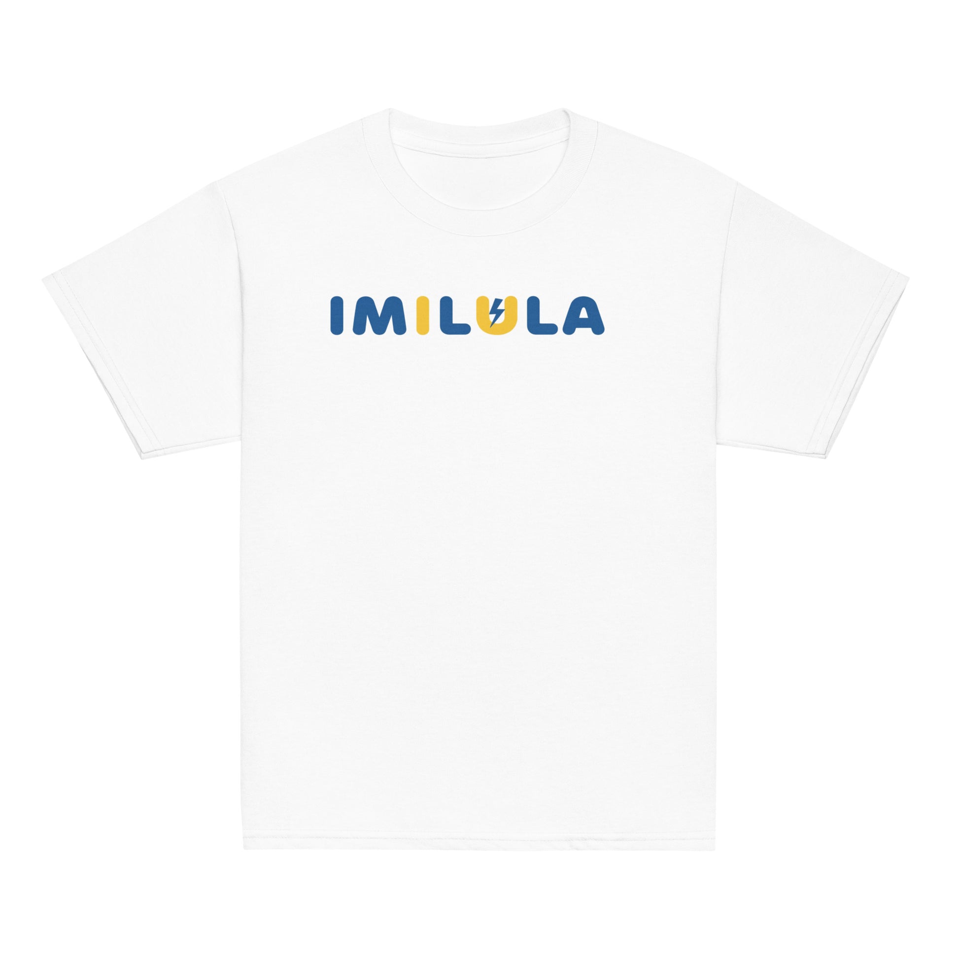White t-shirt with 'IMILULA' text on a white background