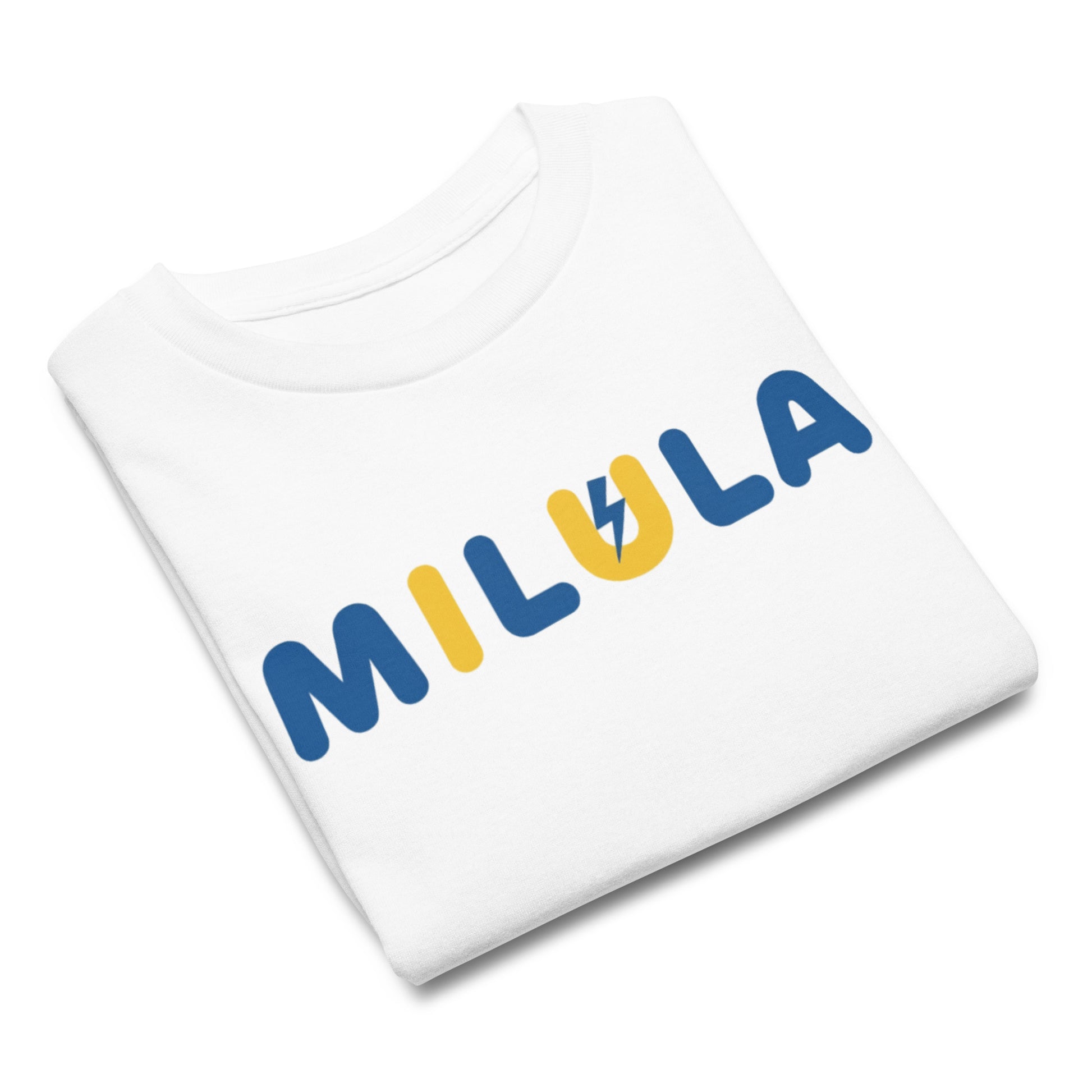 White sweatshirt with 'MILULA' printed in colorful letters on a white background