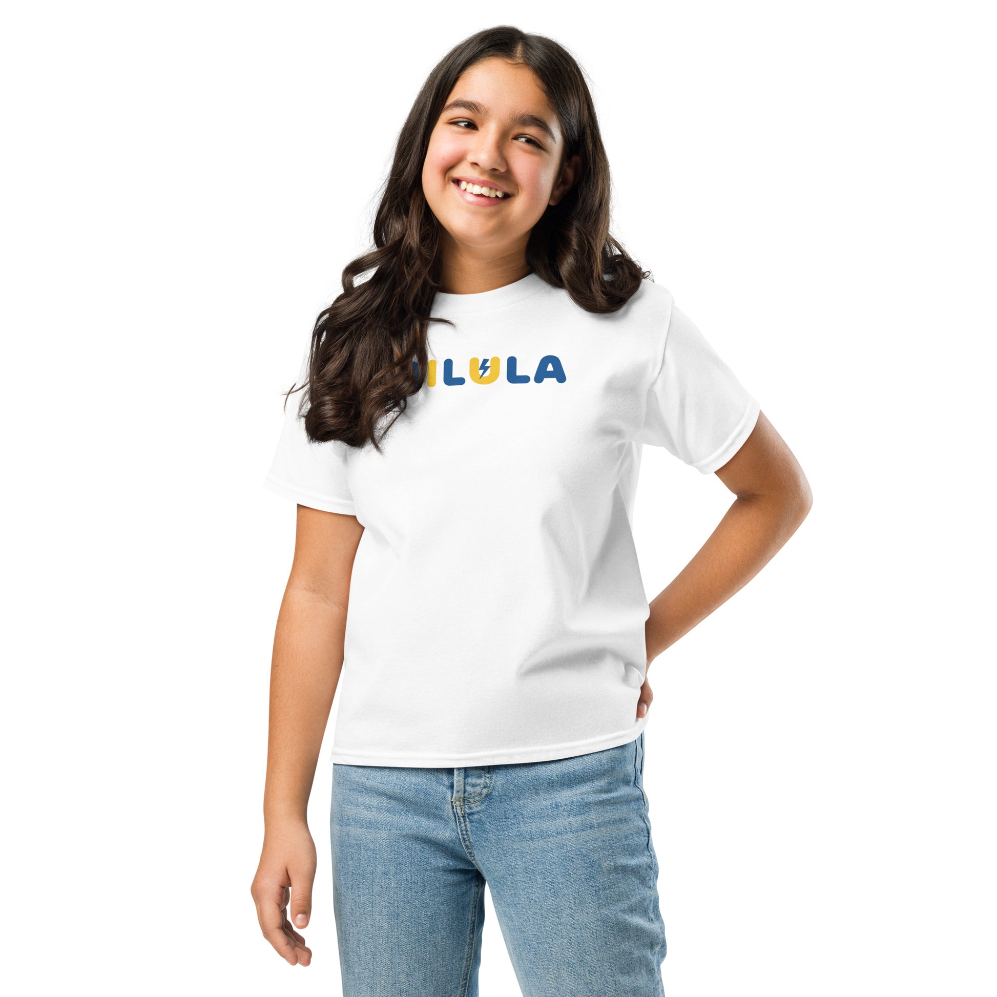 Girl wearing a white t-shirt with text on a white background