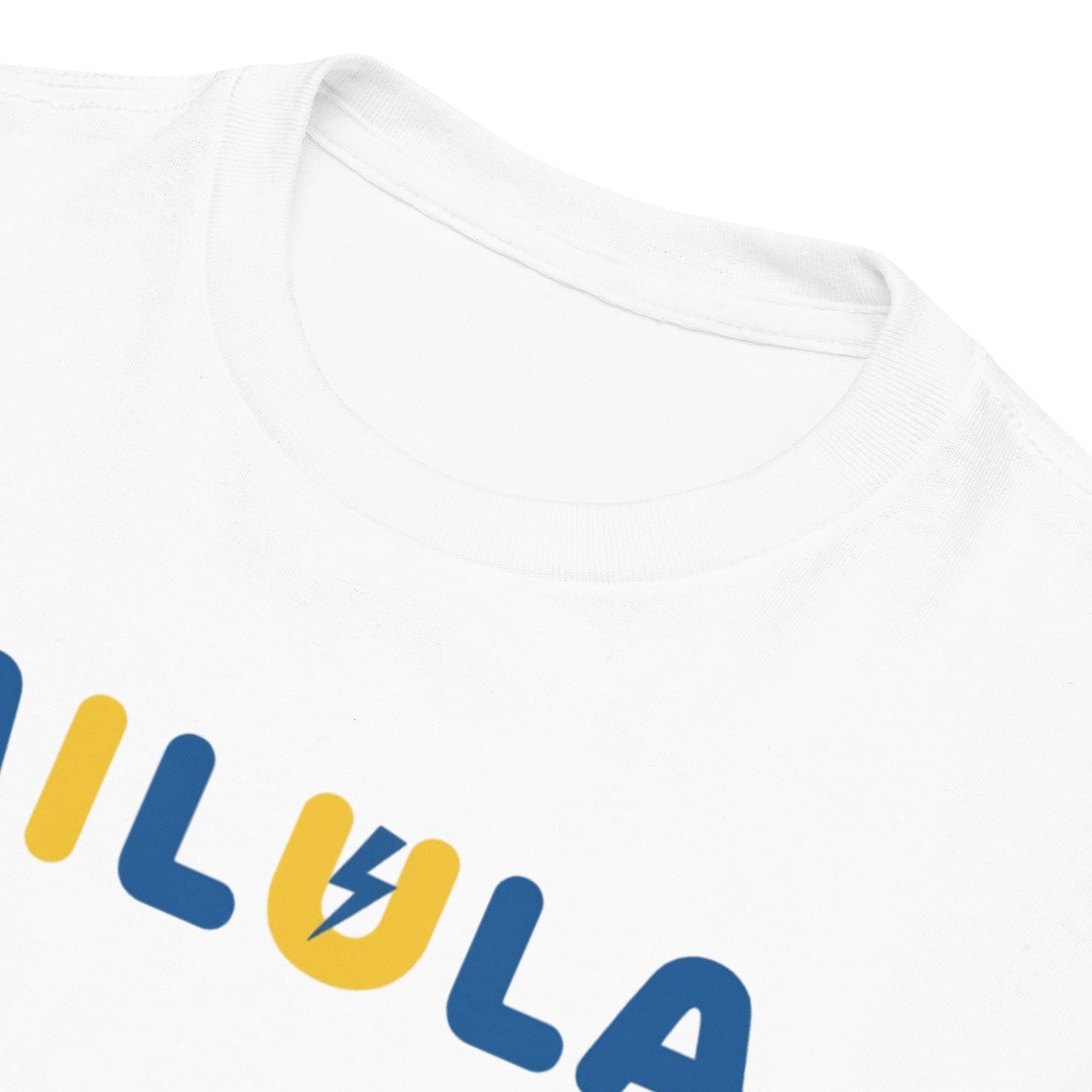 White shirt with colorful 'ILULA' logo on a white background
