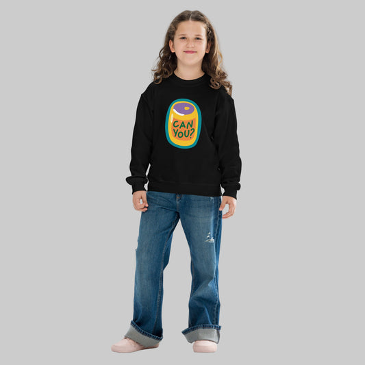 Child wearing a black sweatshirt with a colorful graphic design on a white background