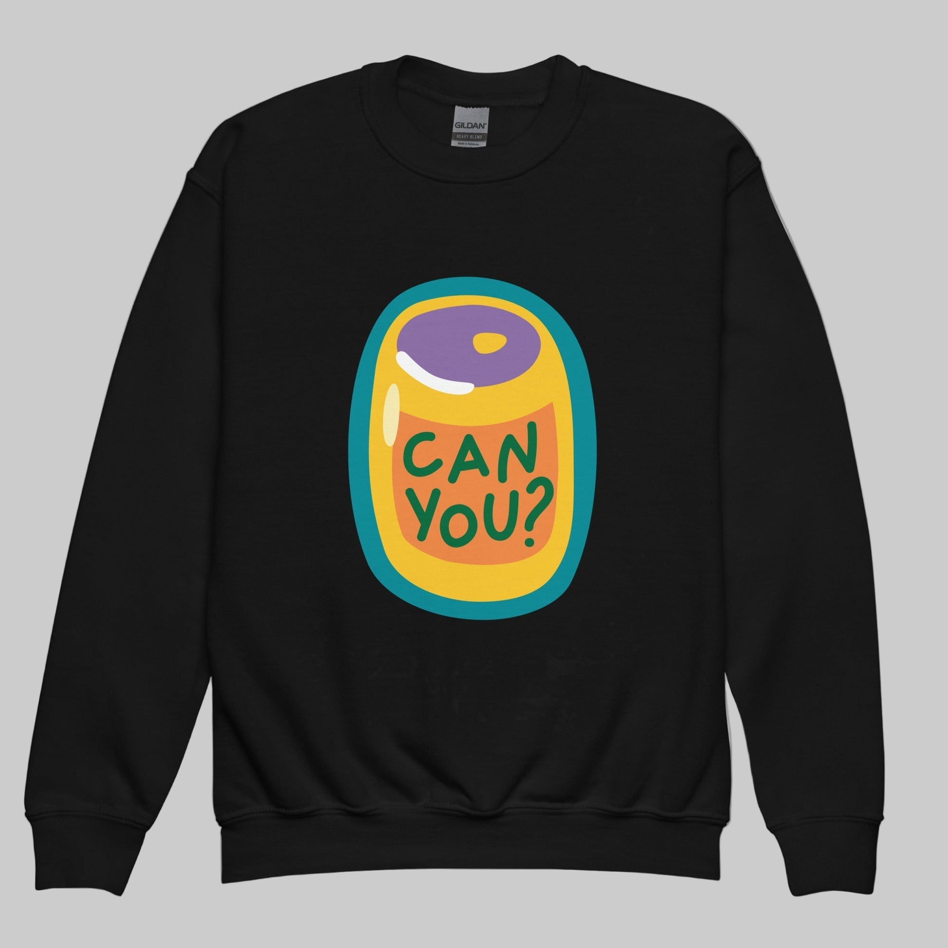Black sweatshirt with a colorful graphic of a can and text 'CAN YOU?' on a white background