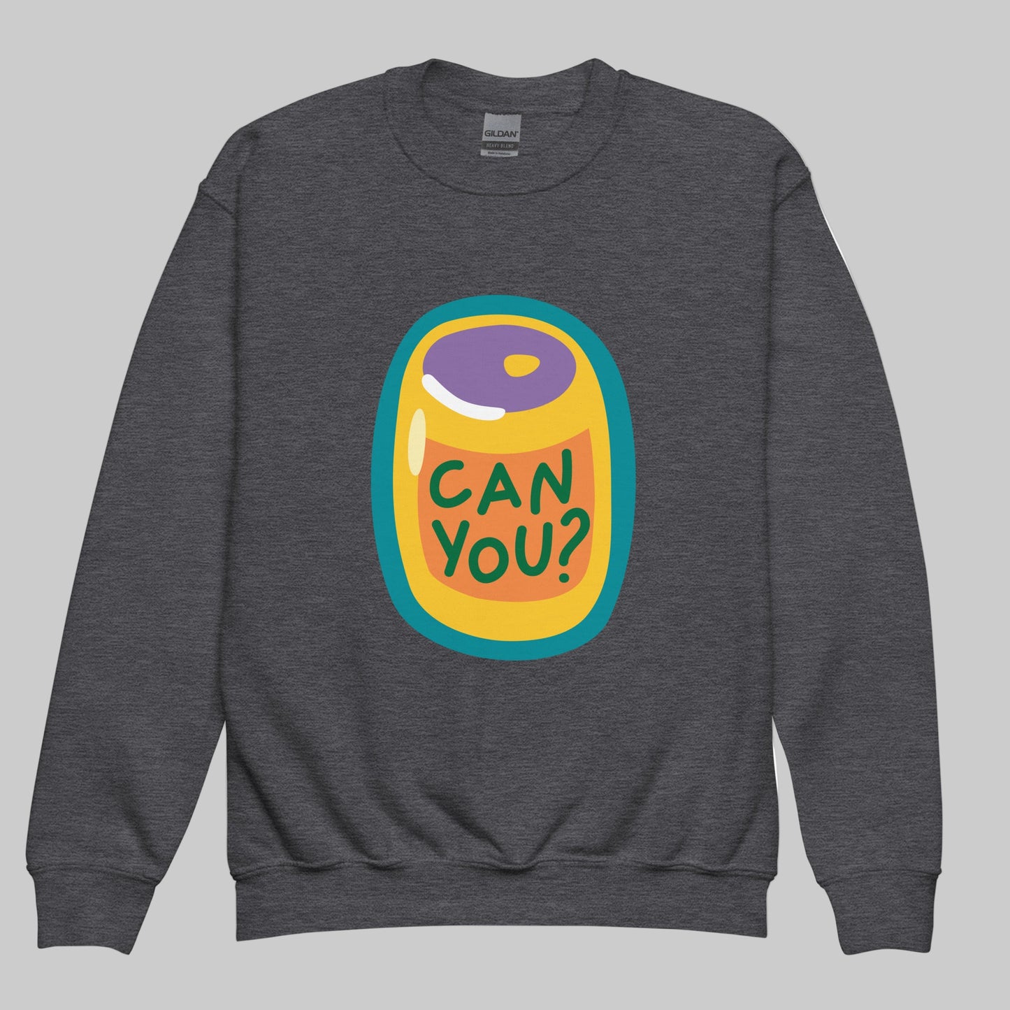 Gray sweatshirt with a colorful graphic of a can and text 'CAN YOU?' on a white background