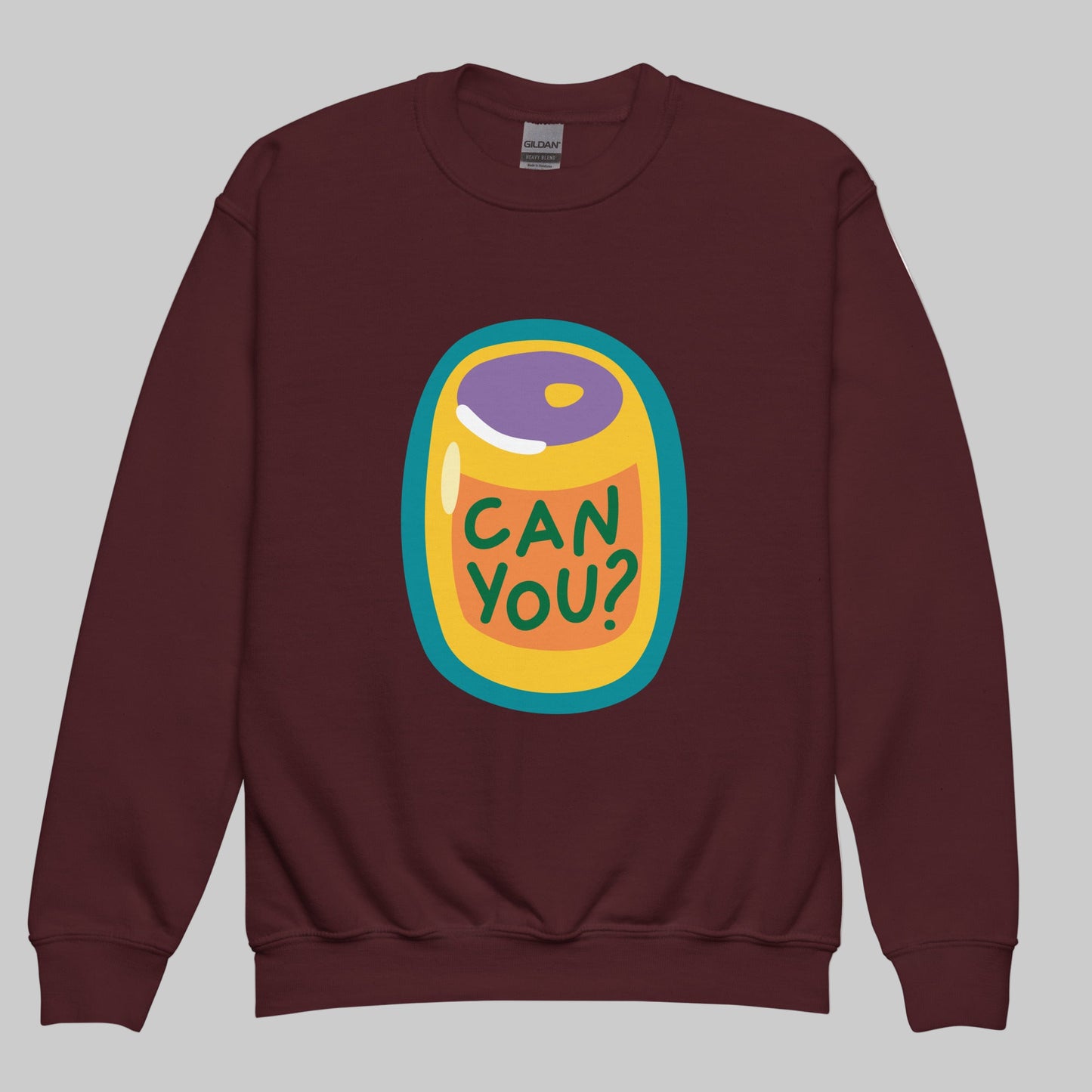 Maroon sweatshirt with a colorful graphic design on a white background