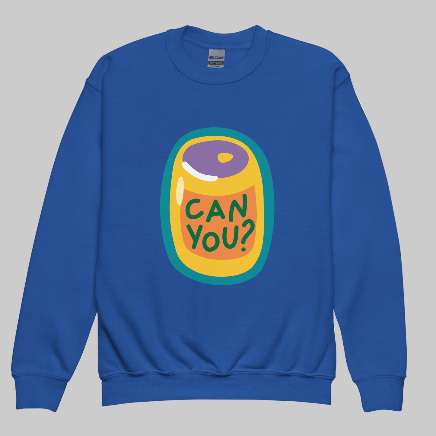 Blue sweatshirt with a colorful graphic of a can and text 'CAN YOU?' on a white background