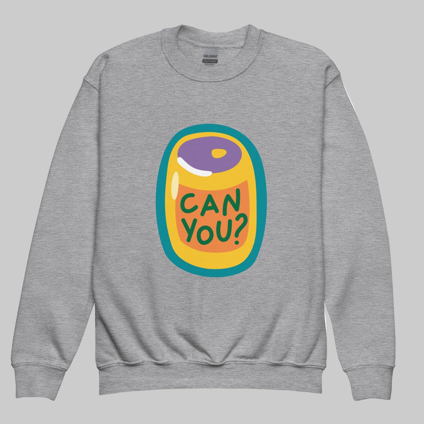 Gray sweatshirt with a colorful graphic design on a white background