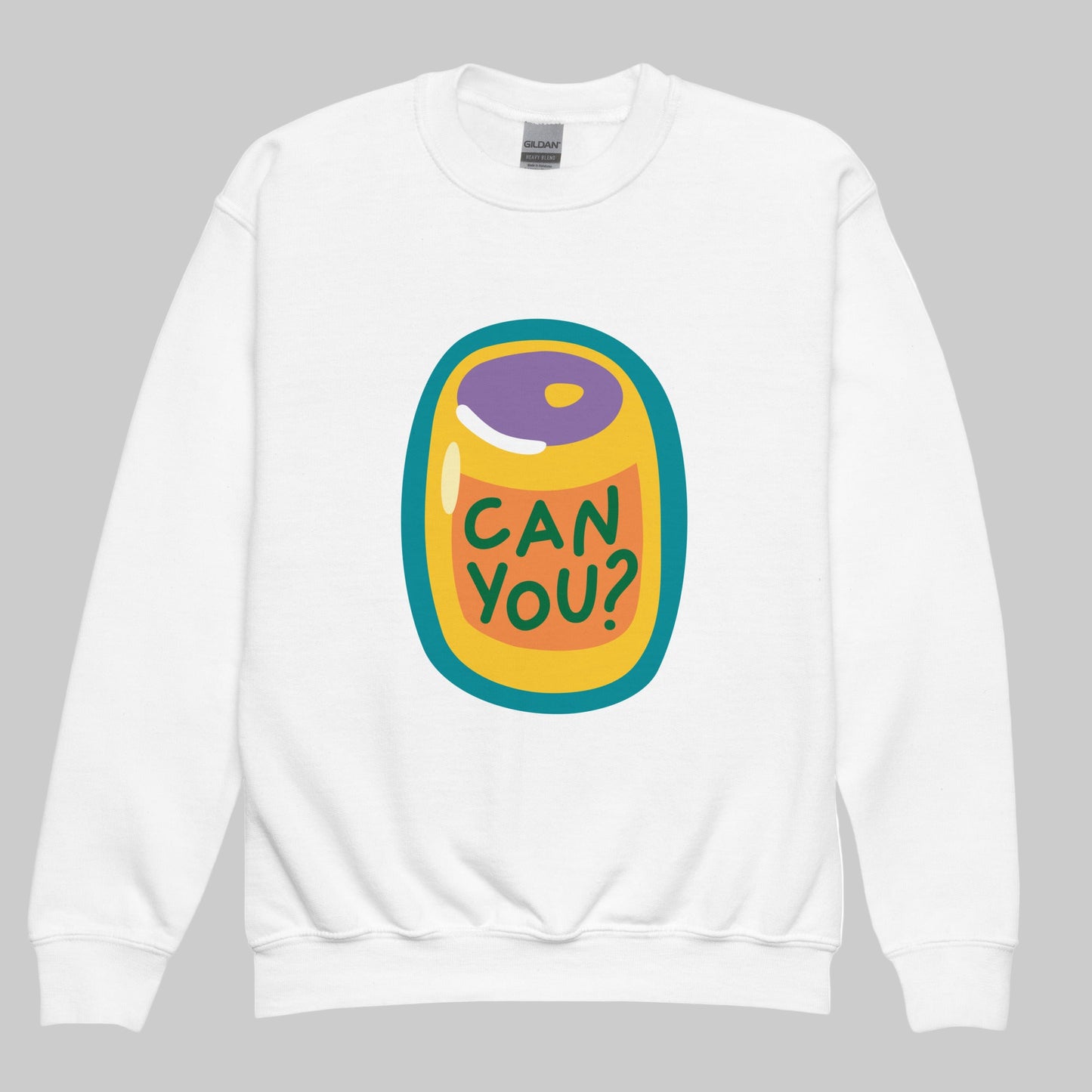 White sweatshirt with a colorful graphic design on a white background