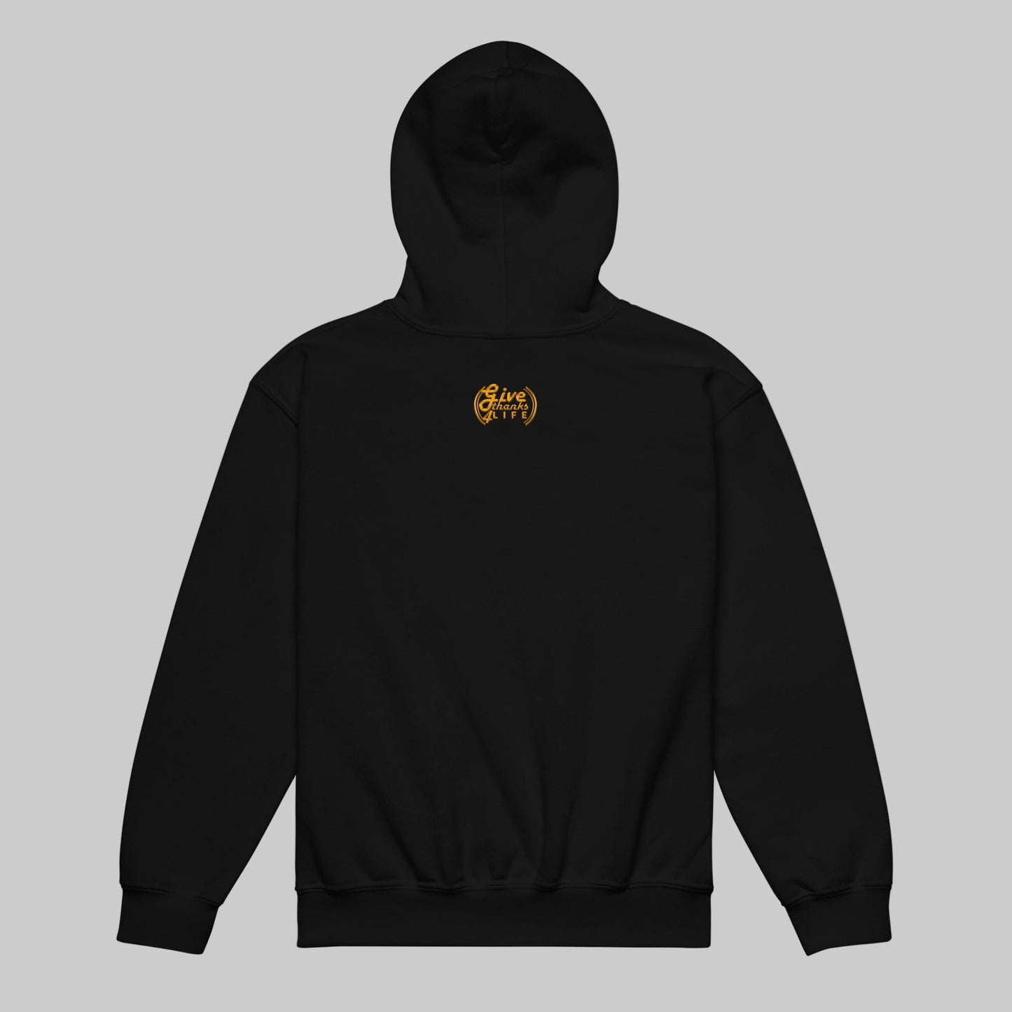 Black hoodie with a yellow logo on the chest against a white background