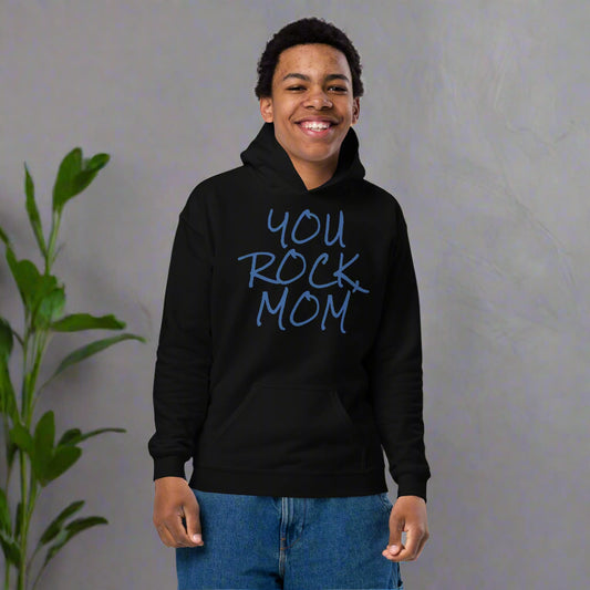 Person wearing a black hoodie with 'YOU ROCK MOM' text on a white background
