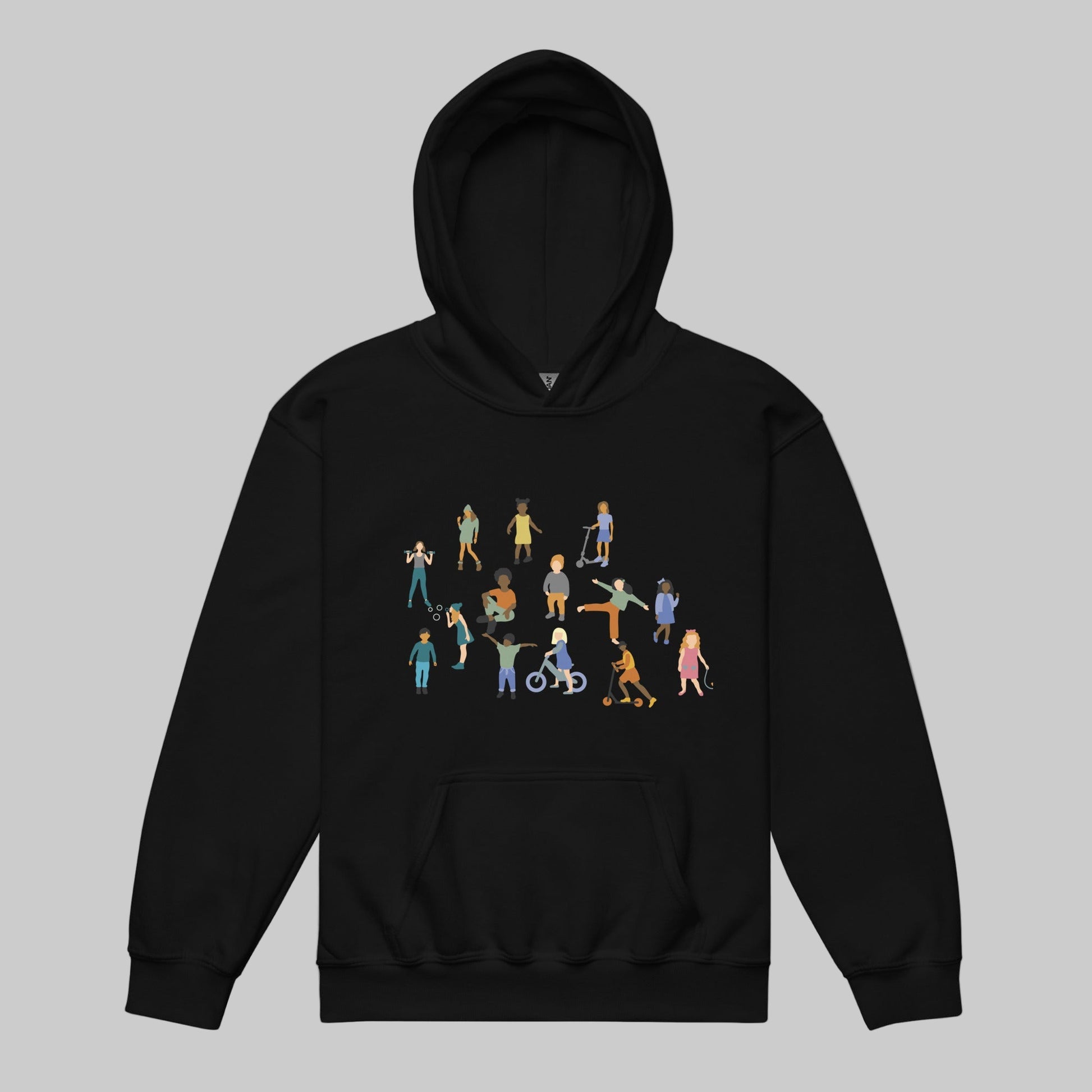 Black hoodie with colorful graphic of people on a white background