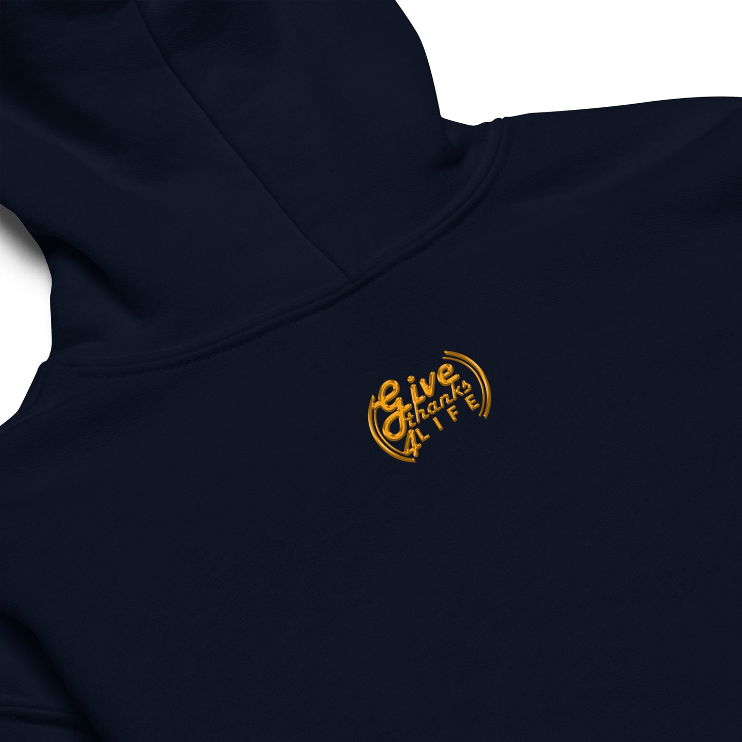 Navy blue hoodie with 'Give Thanks' logo in yellow on a white background