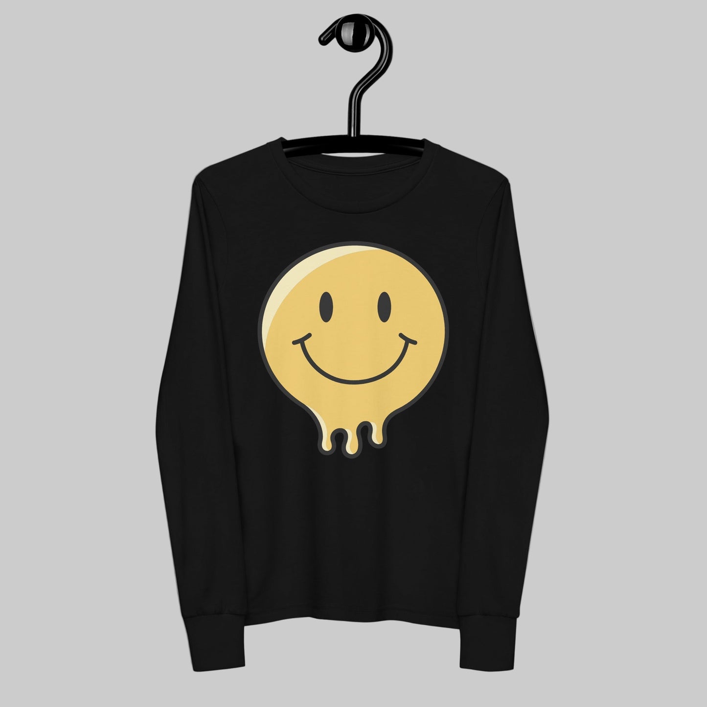 Black sweatshirt with a yellow smiley face design on a hanger against a white background