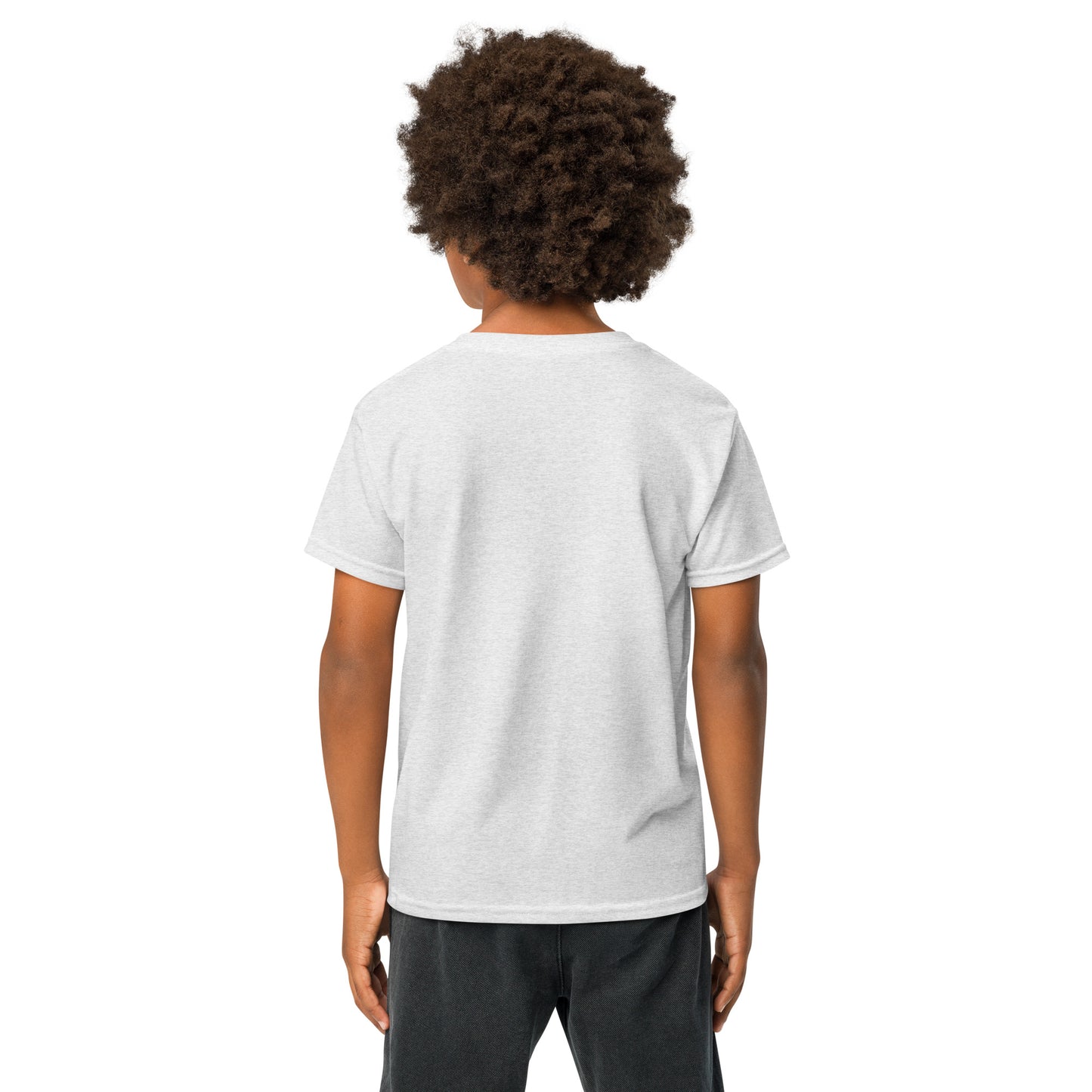 Person wearing a plain white t-shirt on a white background