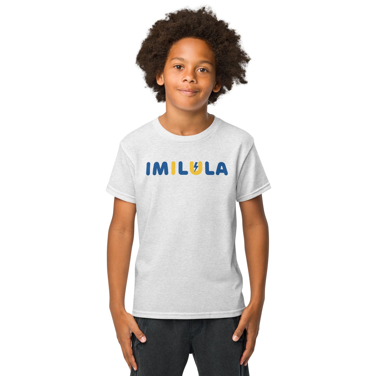 Child wearing a white t-shirt with 'IMILULA' printed on it against a white background
