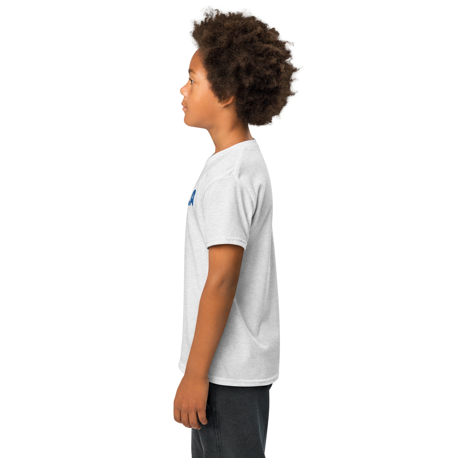 Child wearing a white t-shirt with a logo on a white background
