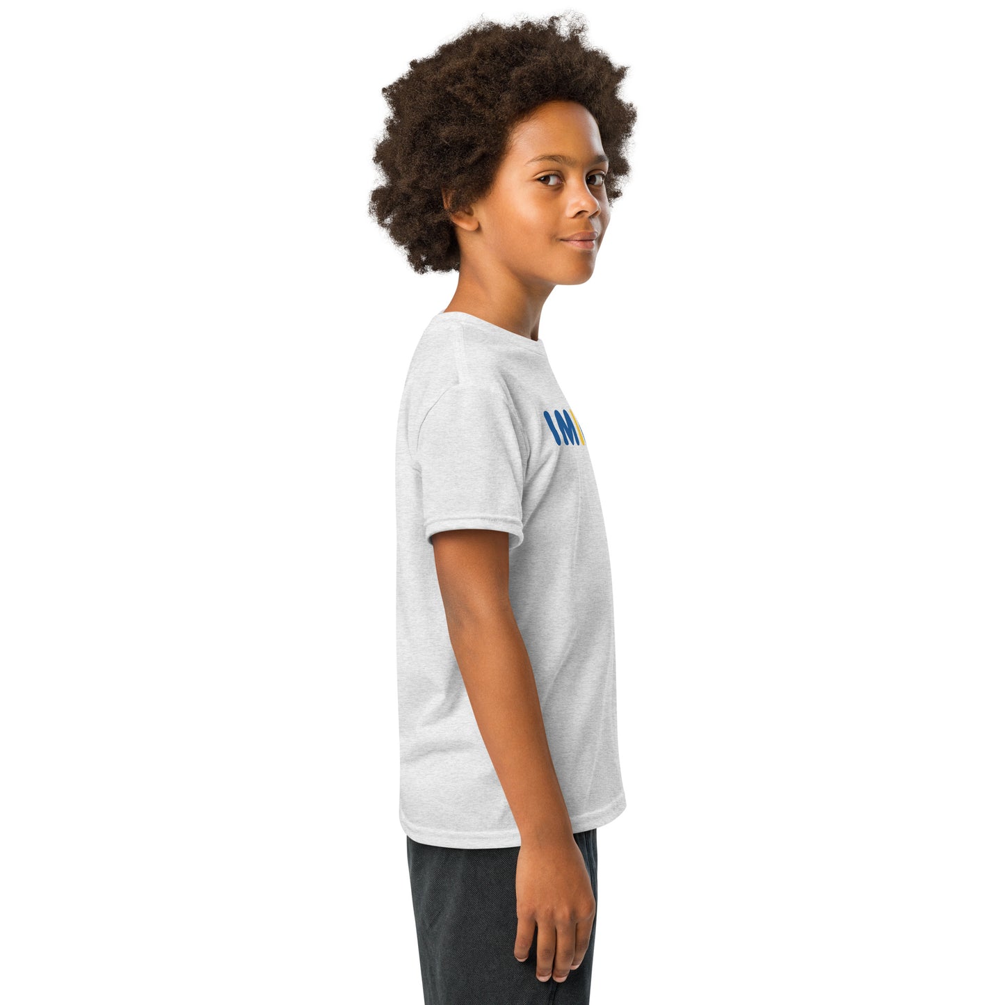 Child wearing a white t-shirt with a logo on a white background
