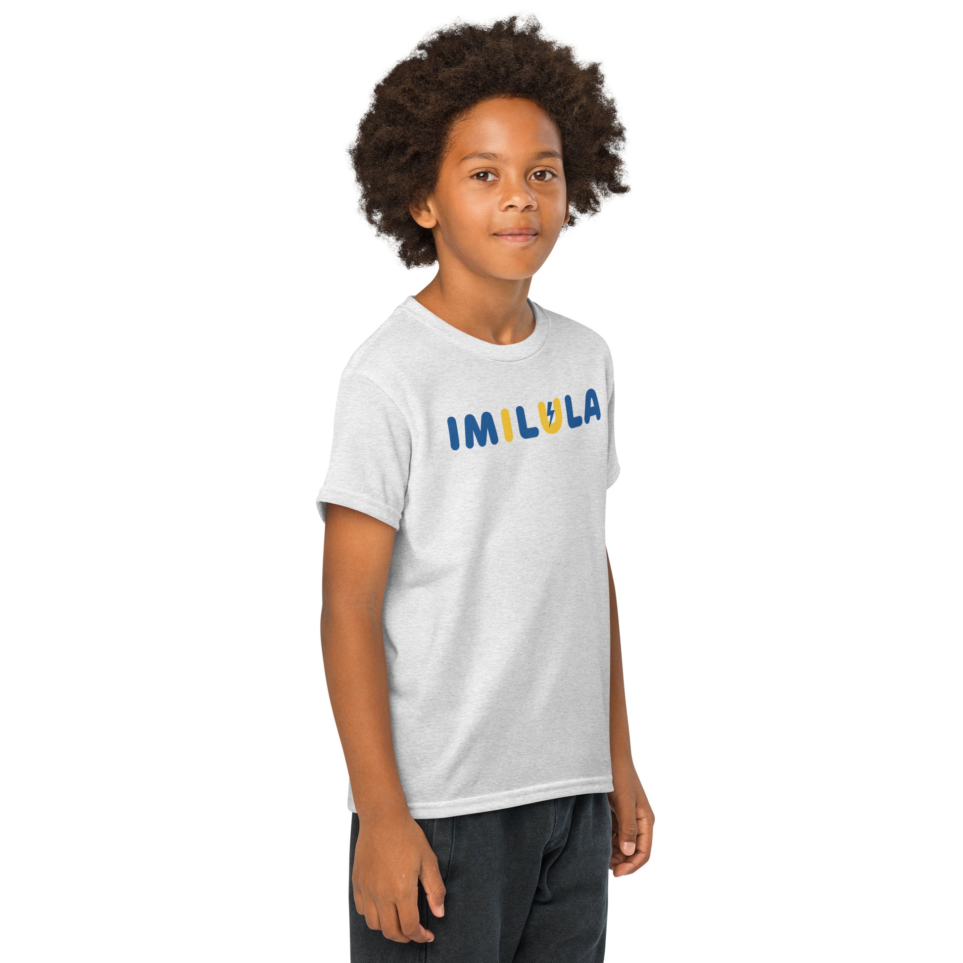 Child wearing a white t-shirt with a logo on a white background