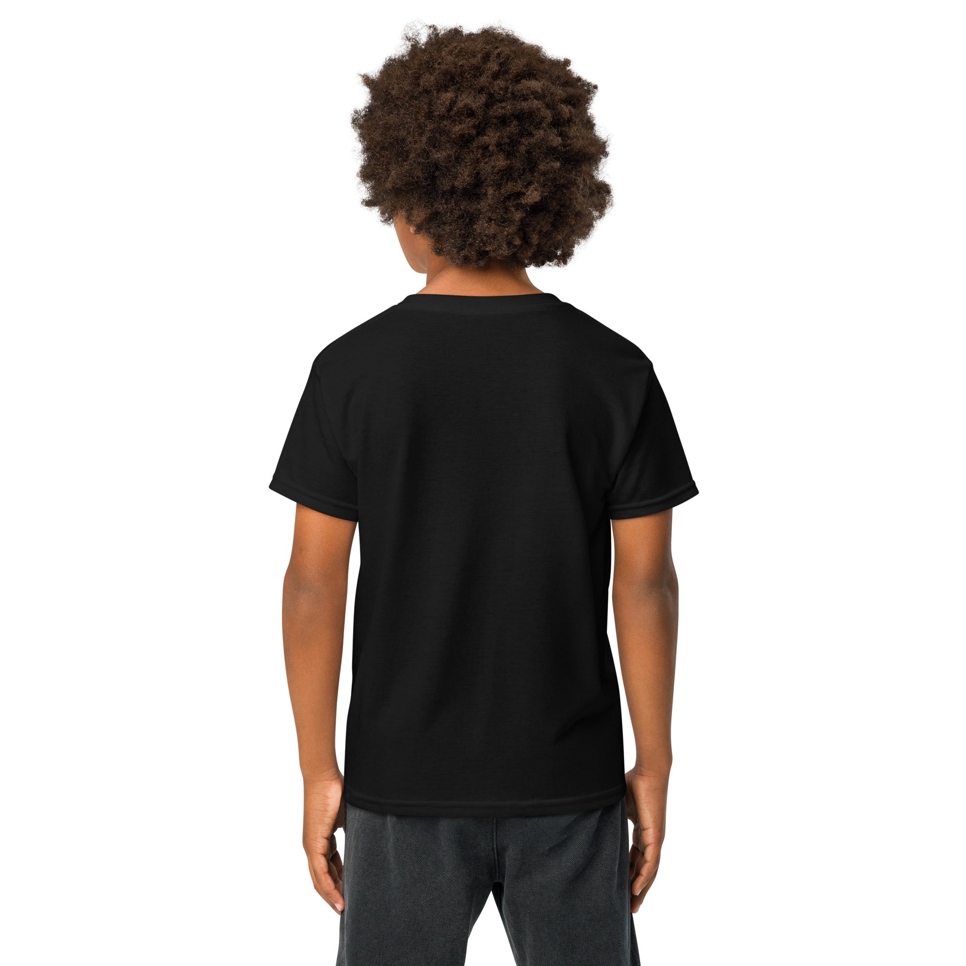 Person wearing a black t-shirt on a white background