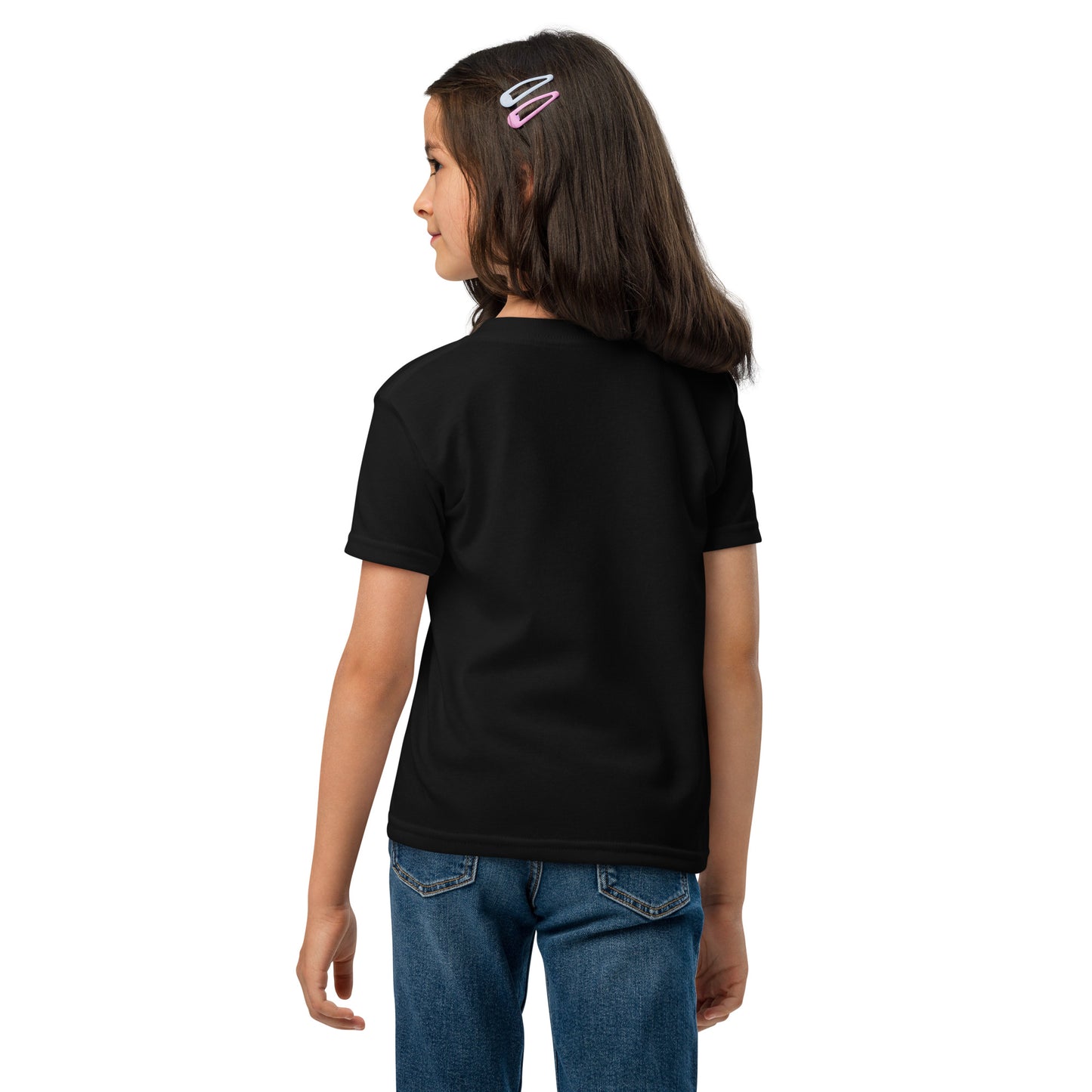Person wearing a black t-shirt and blue jeans on a white background