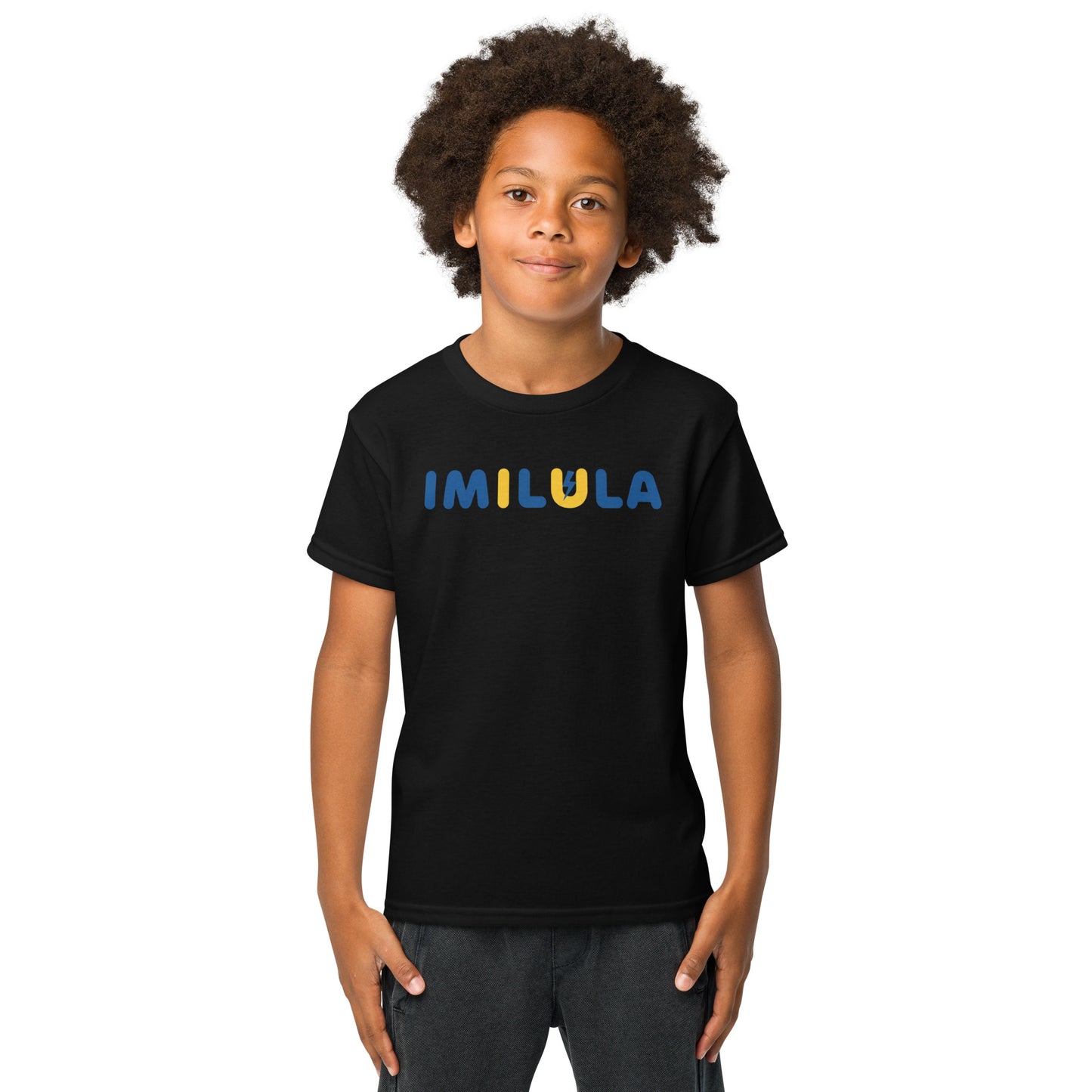 Child wearing a black t-shirt with text on a white background
