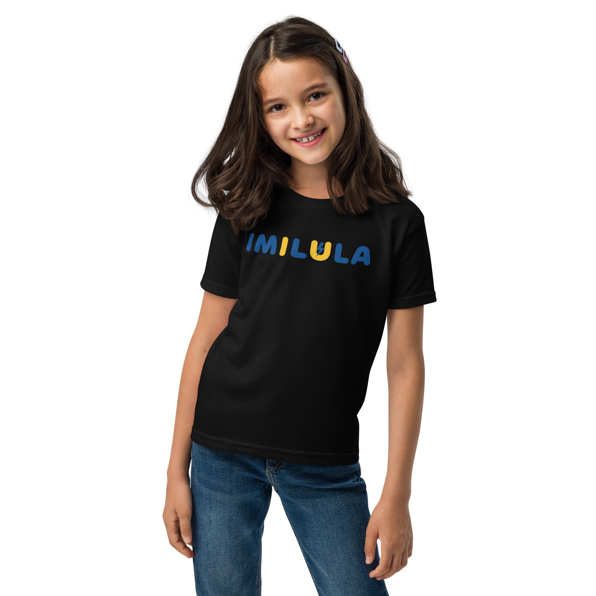 Young girl wearing a black t-shirt with a blue logo on a white background