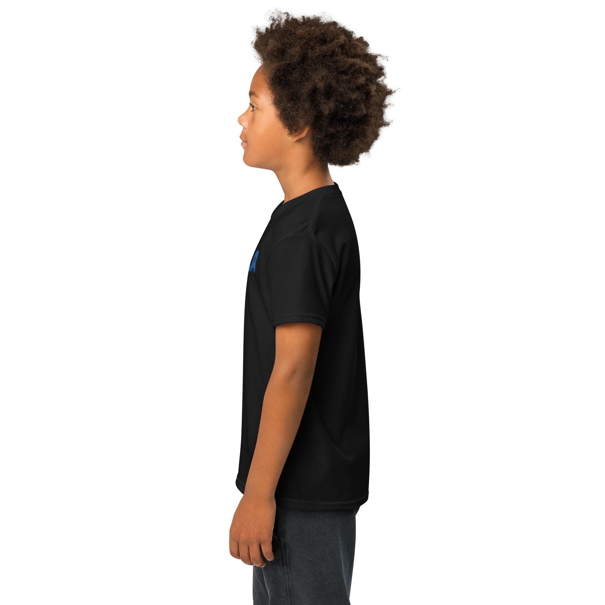 Child wearing a black t-shirt with a logo on a white background