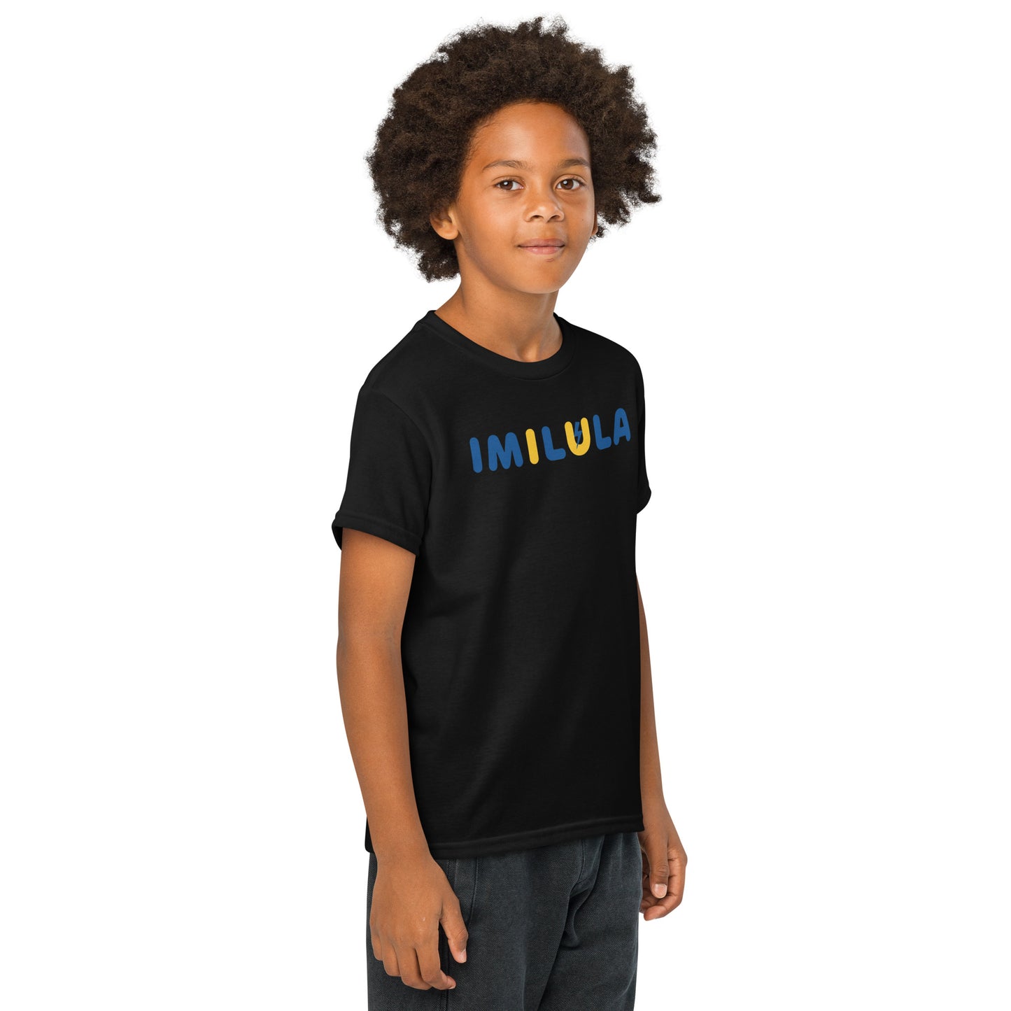 Child wearing a black t-shirt with 'IMILULA' text on a white background