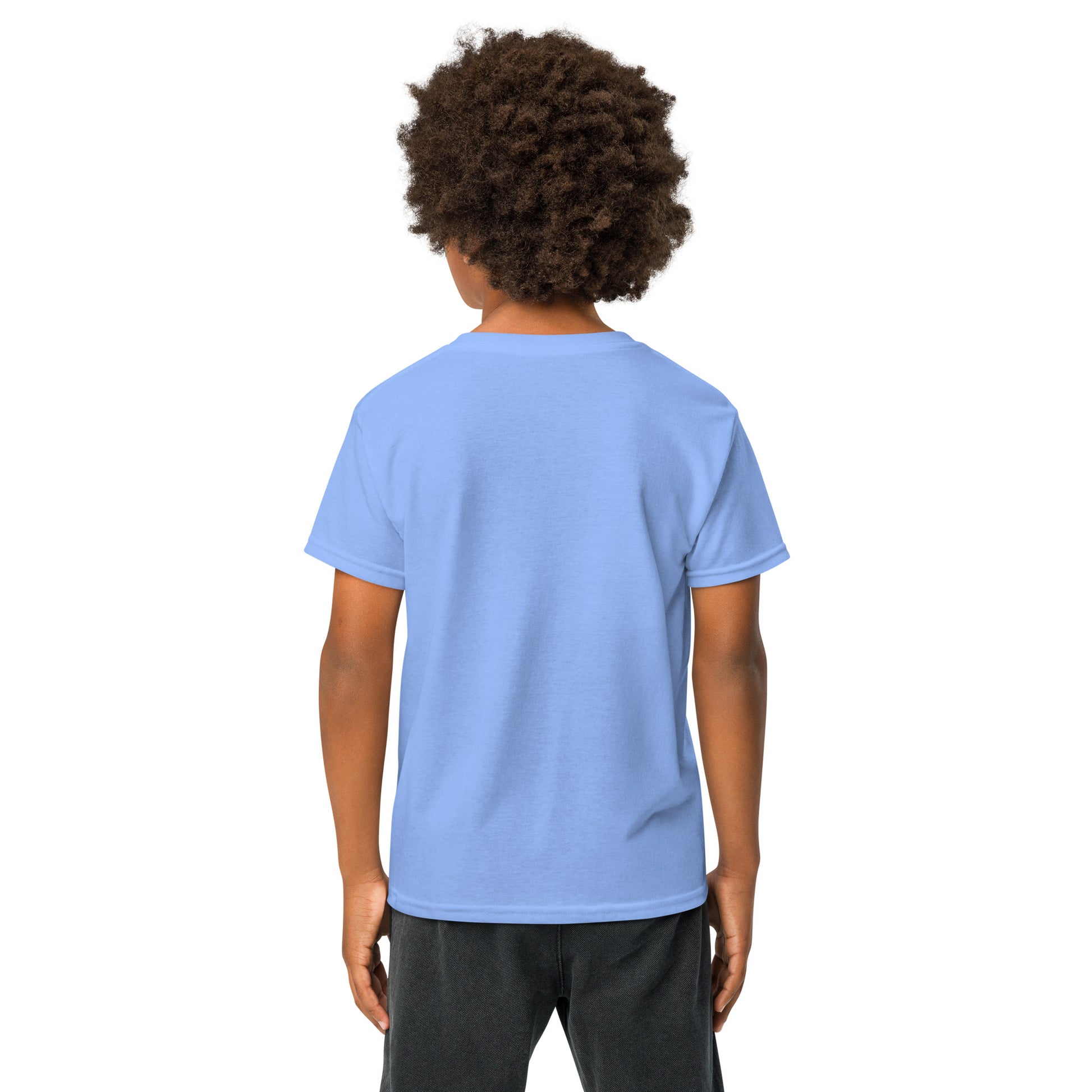 Person wearing a light blue t-shirt with a logo on the back, standing against a white background
