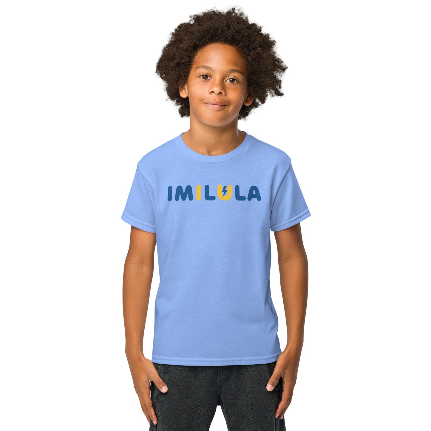 Child wearing a light blue t-shirt with a smiley face design on a white background