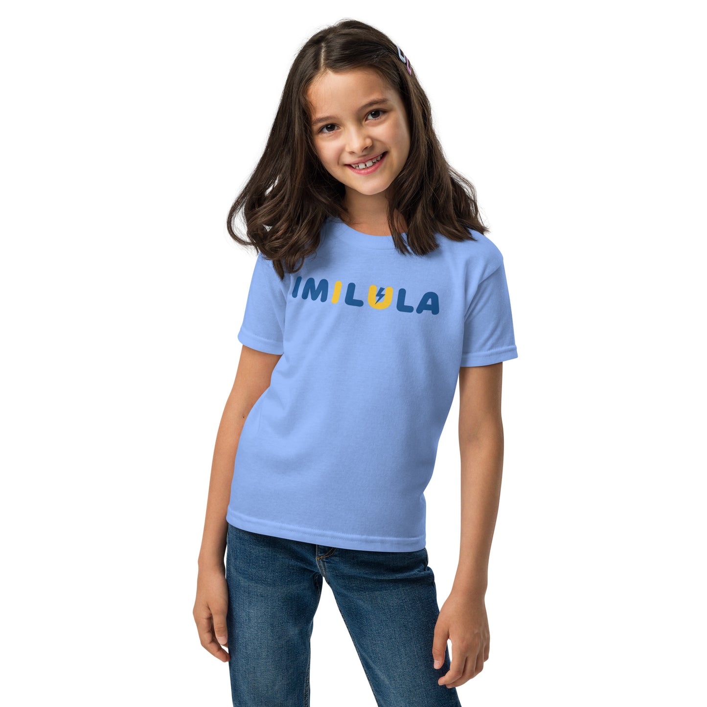 Young girl wearing a light blue t-shirt with a logo on a white background