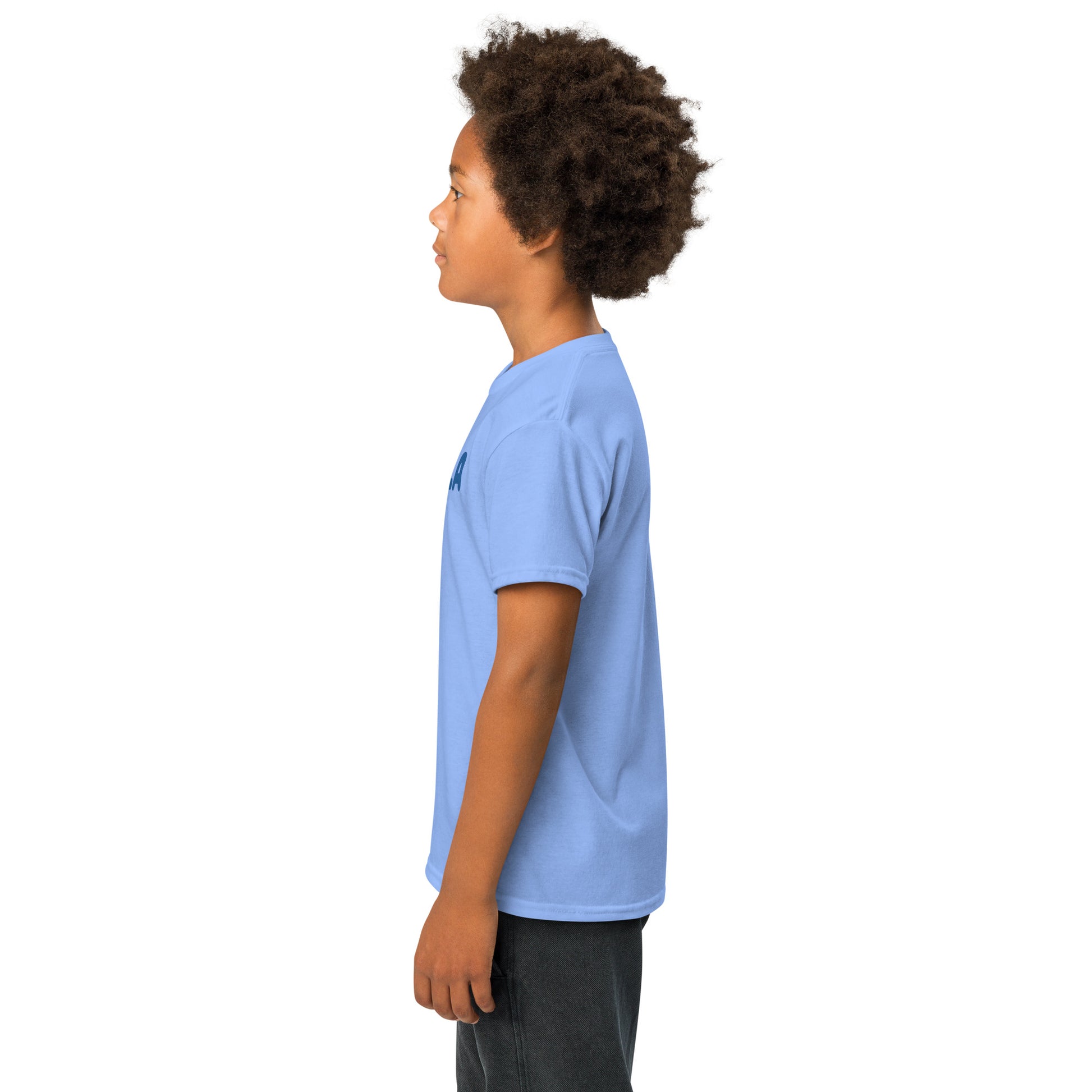 Person wearing a light blue t-shirt on a white background