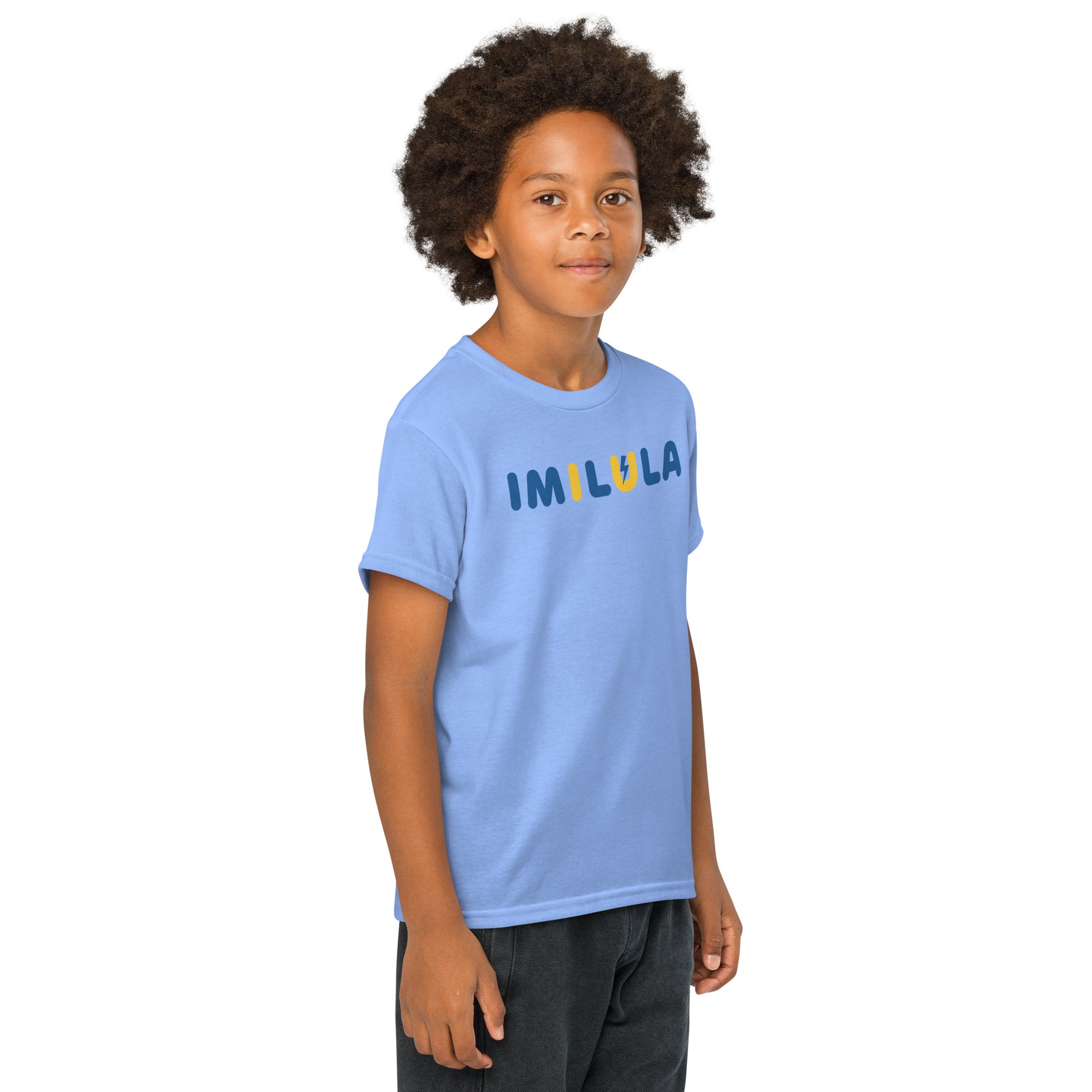 Child wearing a light blue t-shirt with text on a white background